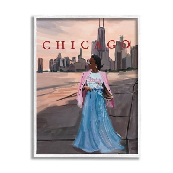 Stupell Industries Fashionable Woman Urban Chicago City Graphic Art White Framed Art Print Wall Art, Design by Amelia Noyes