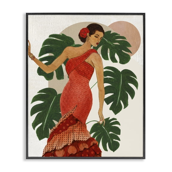Stupell Industries Fashionable Woman with Leaves People Painting Black Framed Art Print Wall Art, 24 x 30