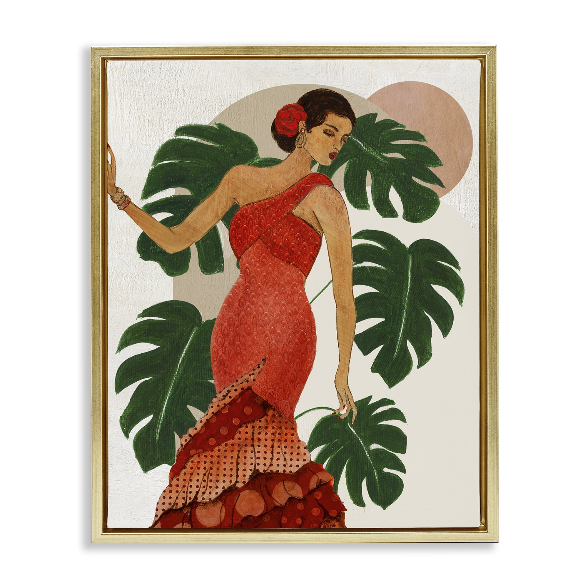 Stupell Industries Fashionable Woman with Leaves People Painting Gold Floater Framed Canvas Art Print Wall Art, 17 x 21