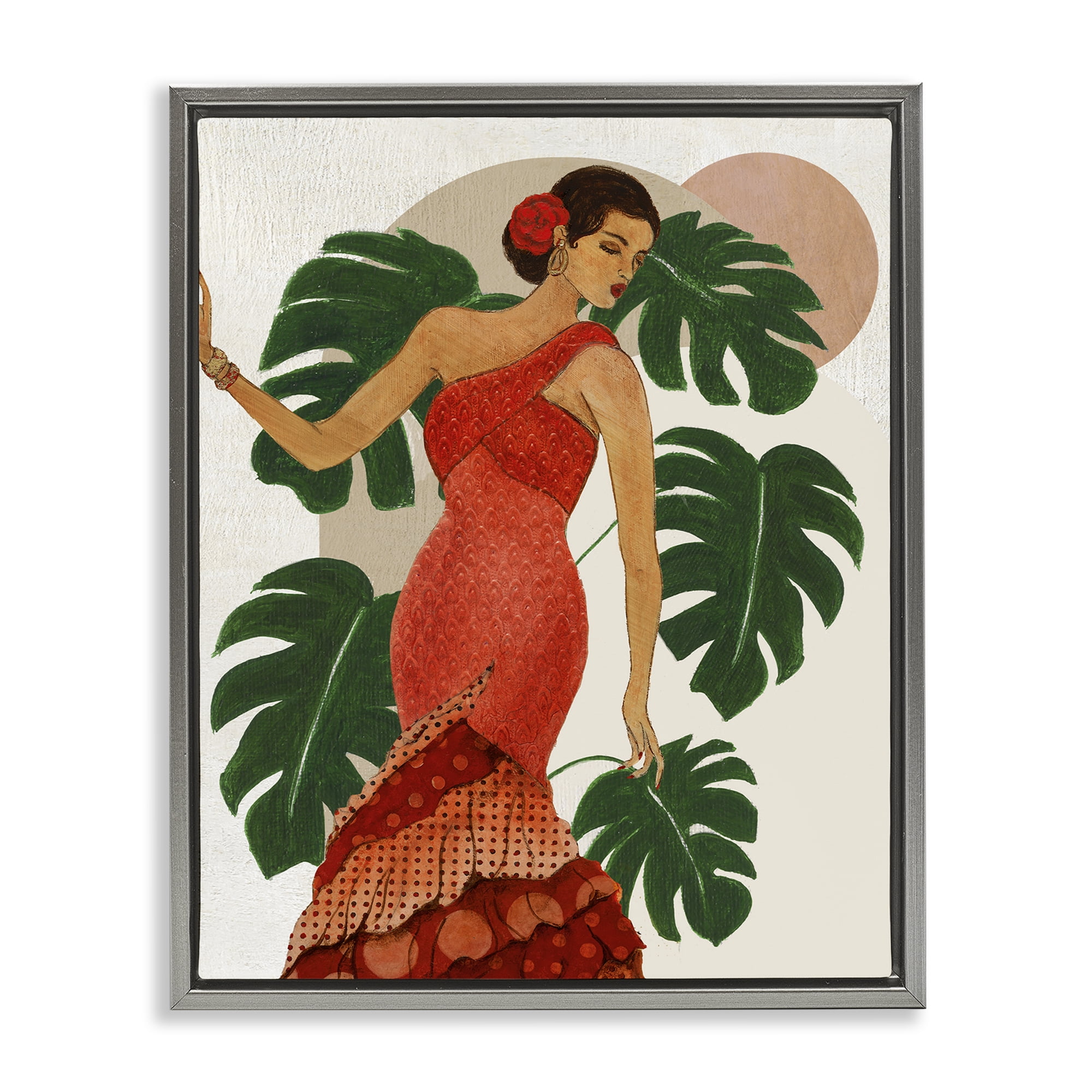 Stupell Industries Fashionable Woman with Leaves People Painting Gray Floater Framed Canvas Art Print Wall Art, 25 x 31