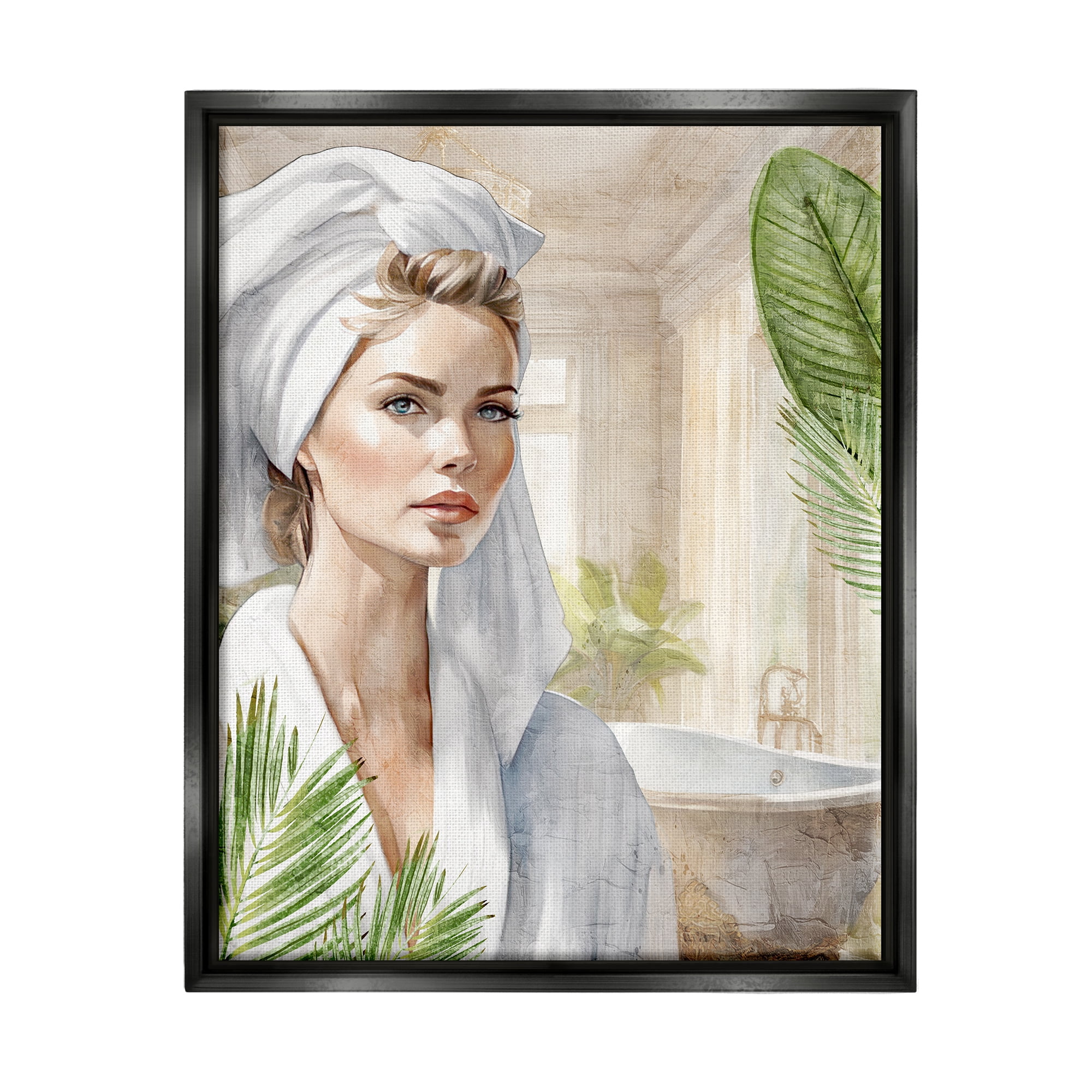 Stupell Industries Fashionista Bathroom Portrait Abstract Painting Black Floater Framed Canvas Art Print Wall Art, 25 x 31
