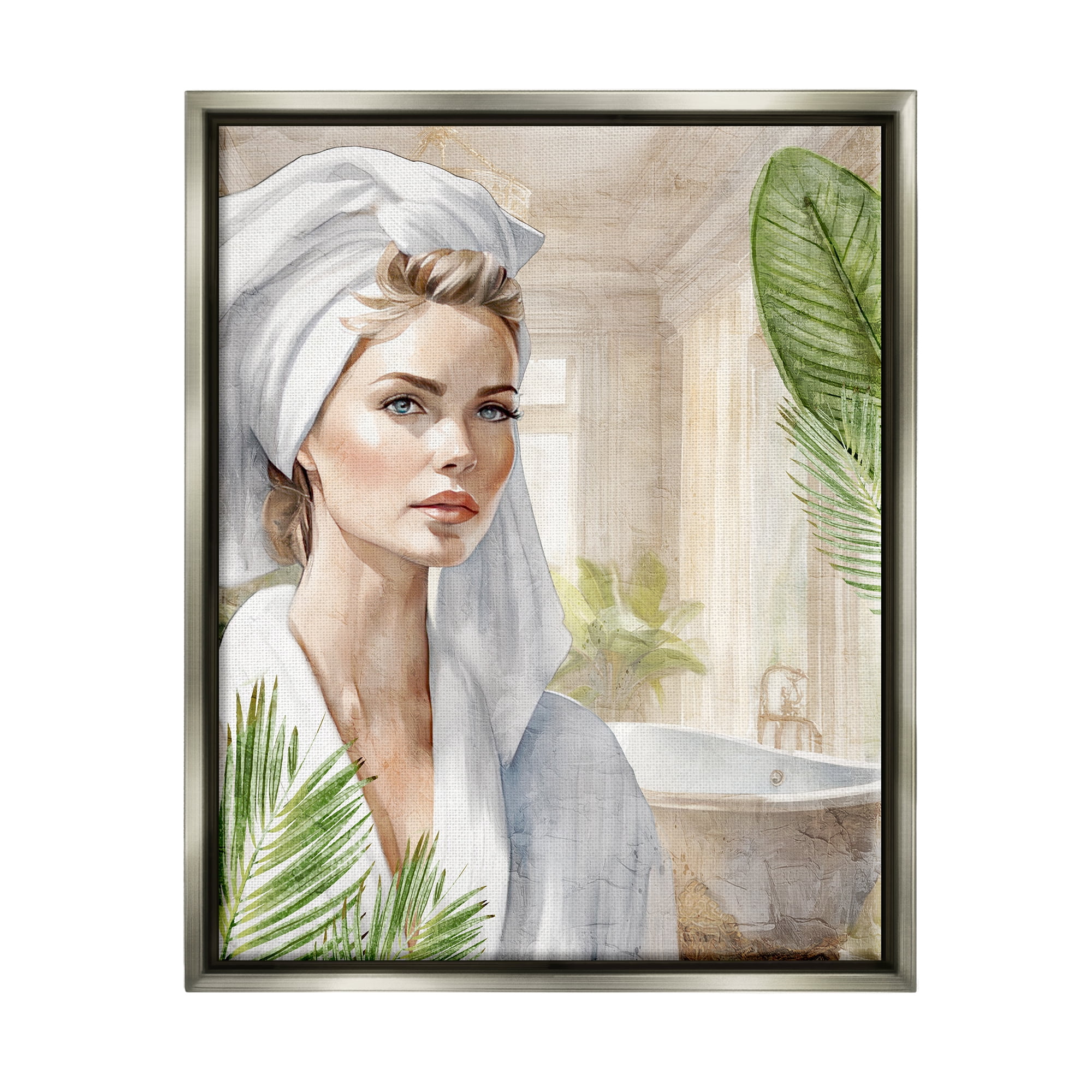 Stupell Industries Fashionista Bathroom Portrait Abstract Painting Gray Floater Framed Canvas Art Print Wall Art, 17 x 21
