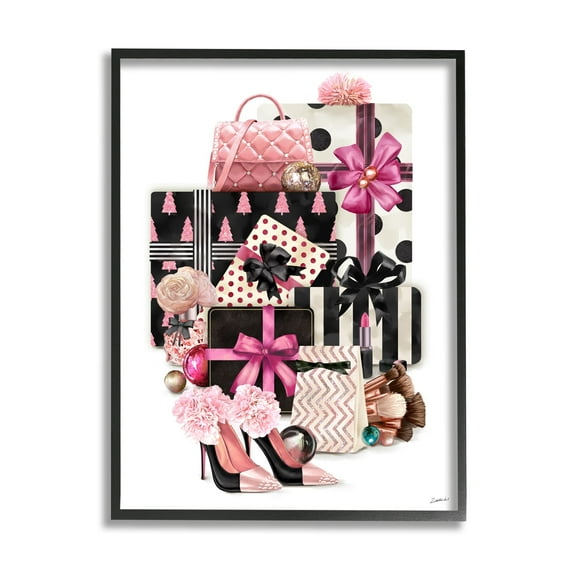 Stupell Industries Fashionista Christmas Gift Stack Glam Style Accessories Holiday Painting Black Framed Art Print Wall Art, 11 x 14