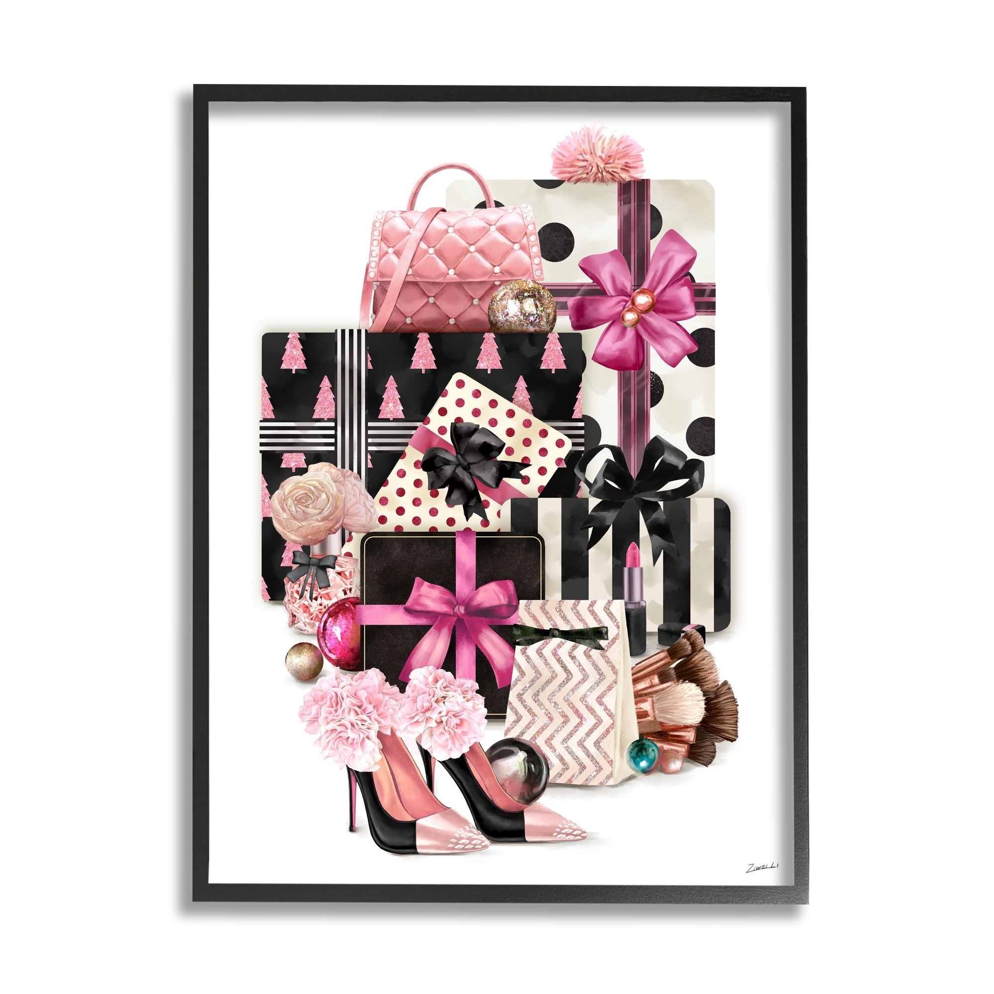 Stupell Industries Fashionista Christmas Gift Stack Glam Style Accessories Holiday Painting Black Framed Art Print Wall Art, 16 x 20