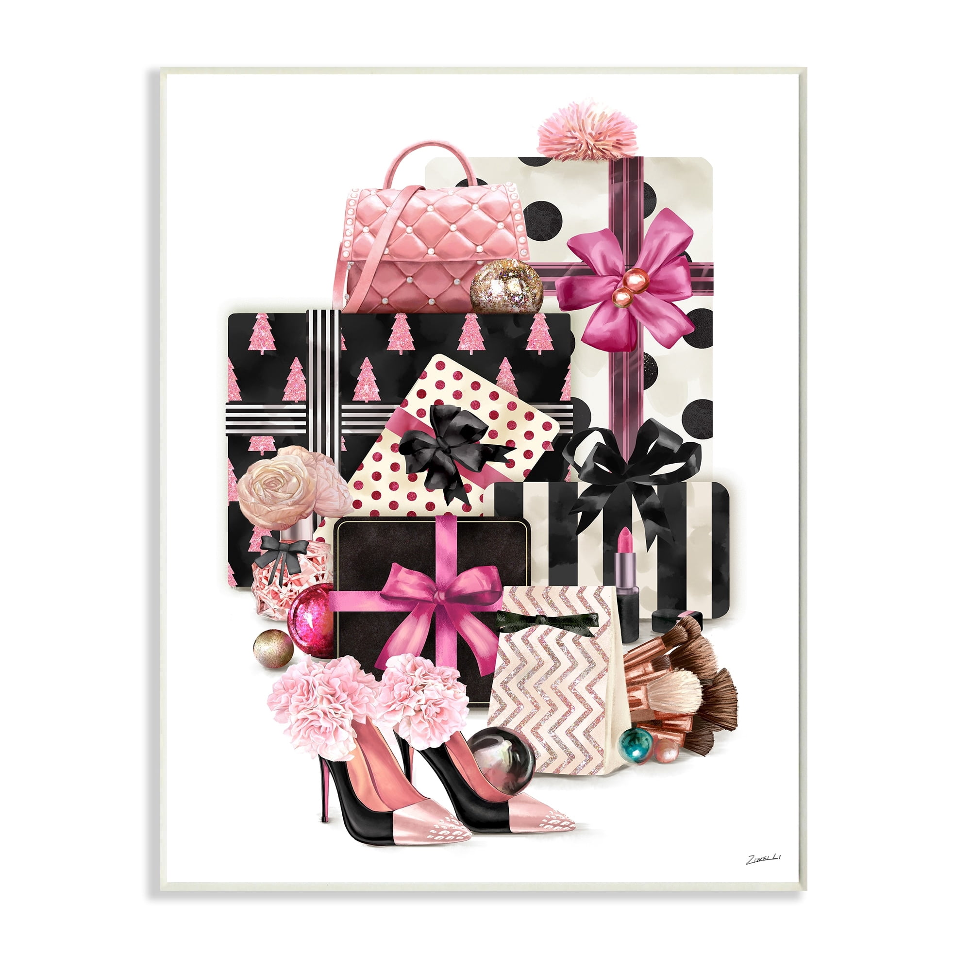 Stupell Industries Fashionista Christmas Gift Stack Glam Style Accessories Holiday Painting Wall Plaque Art Print Wall Art, 13 x 19