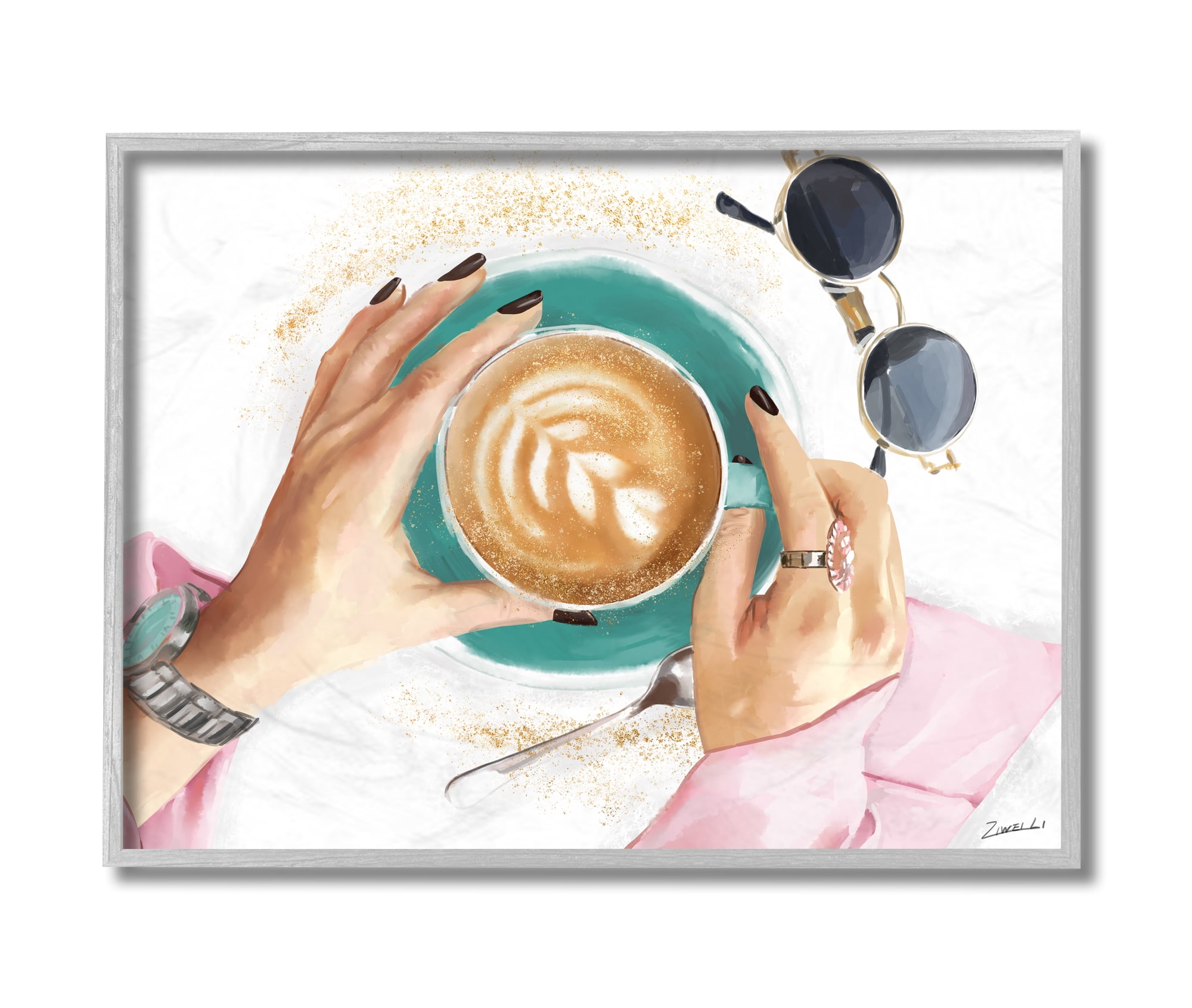 Stupell Industries Fashionista Coffee Cup Cappuccino Glam Detail Grey Framed, 11 x 14, Design by Ziwei Li