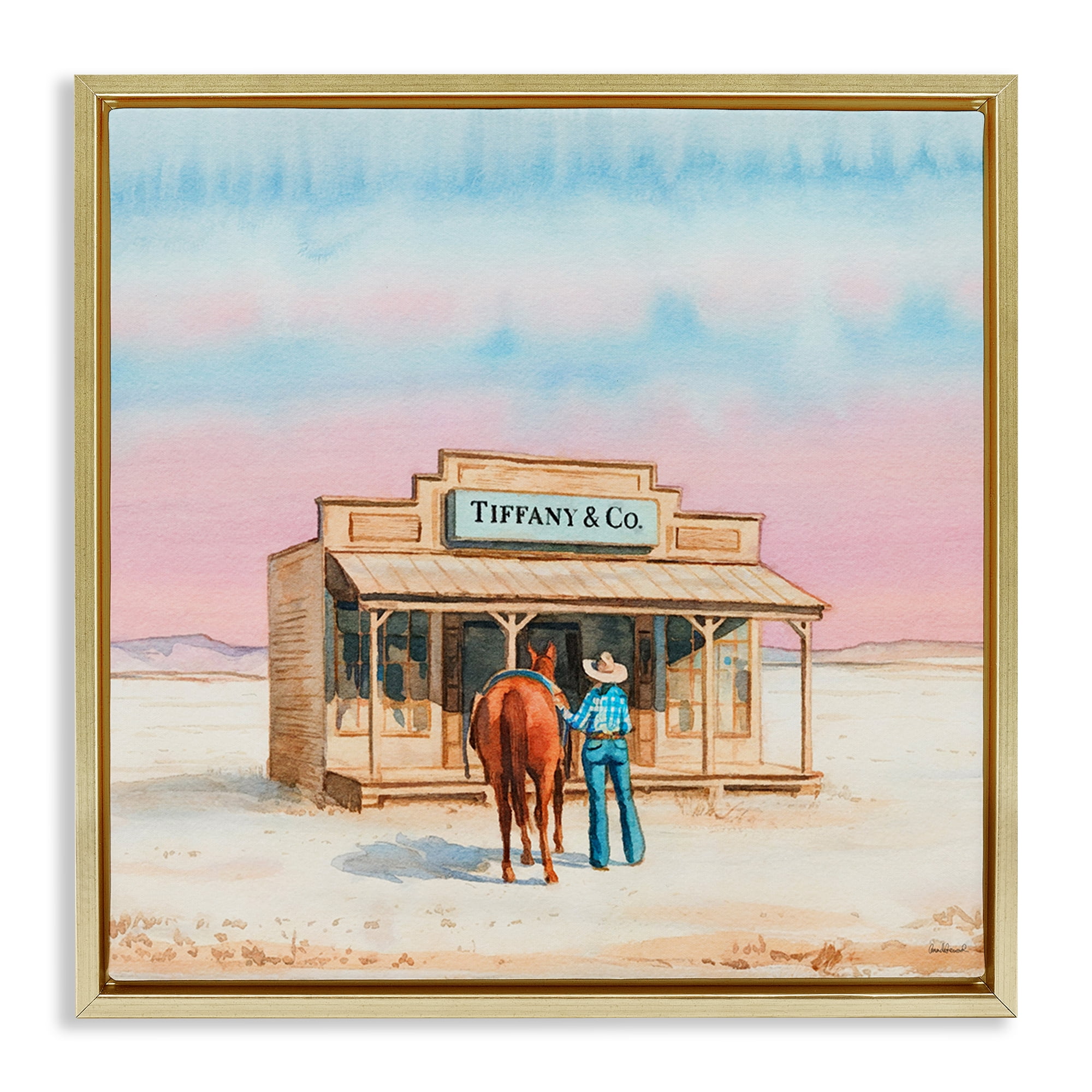 Stupell Industries Fashionista Cowgirl in Desert Fashion Painting Gold Floater Framed Canvas Art Print Wall Art, 25 x 25