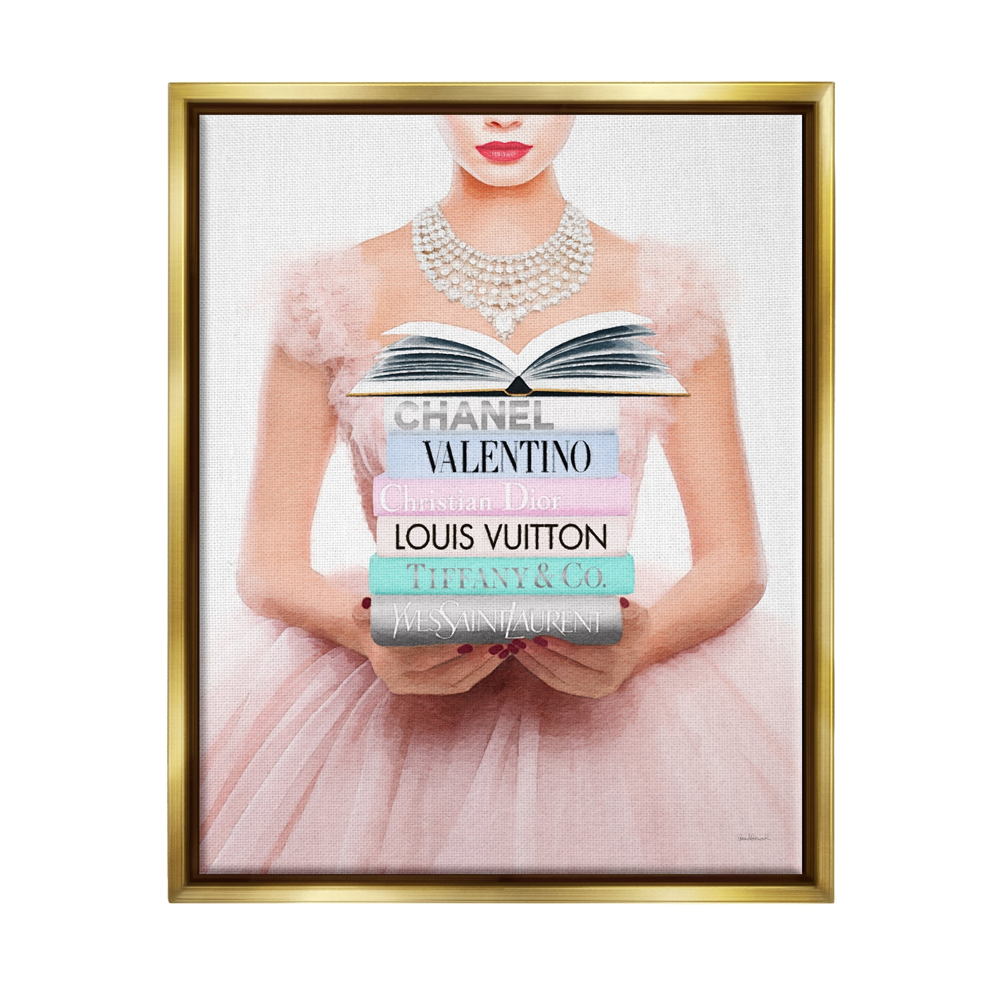 Stupell Industries Fashionista Girl & Books Beauty & Fashion Painting Gold Floater Framed Canvas Art Print Wall Art, 17 x 21