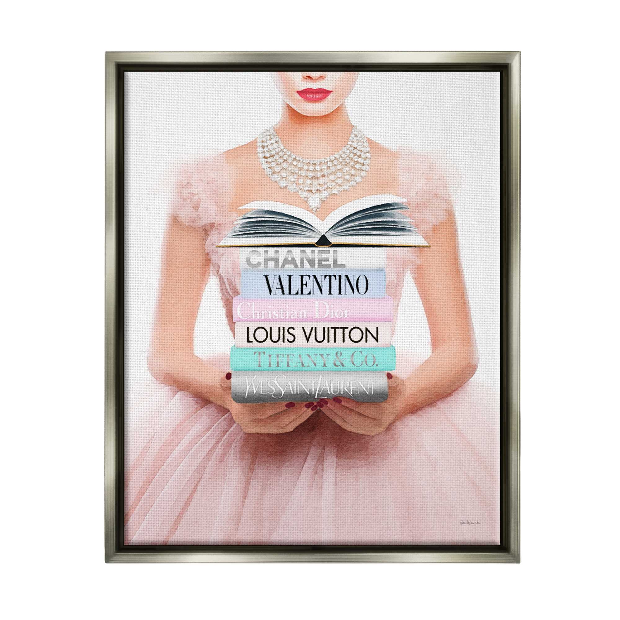 Stupell Industries Fashionista Girl & Books Beauty & Fashion Painting Gray Floater Framed Canvas Art Print Wall Art, 17 x 21
