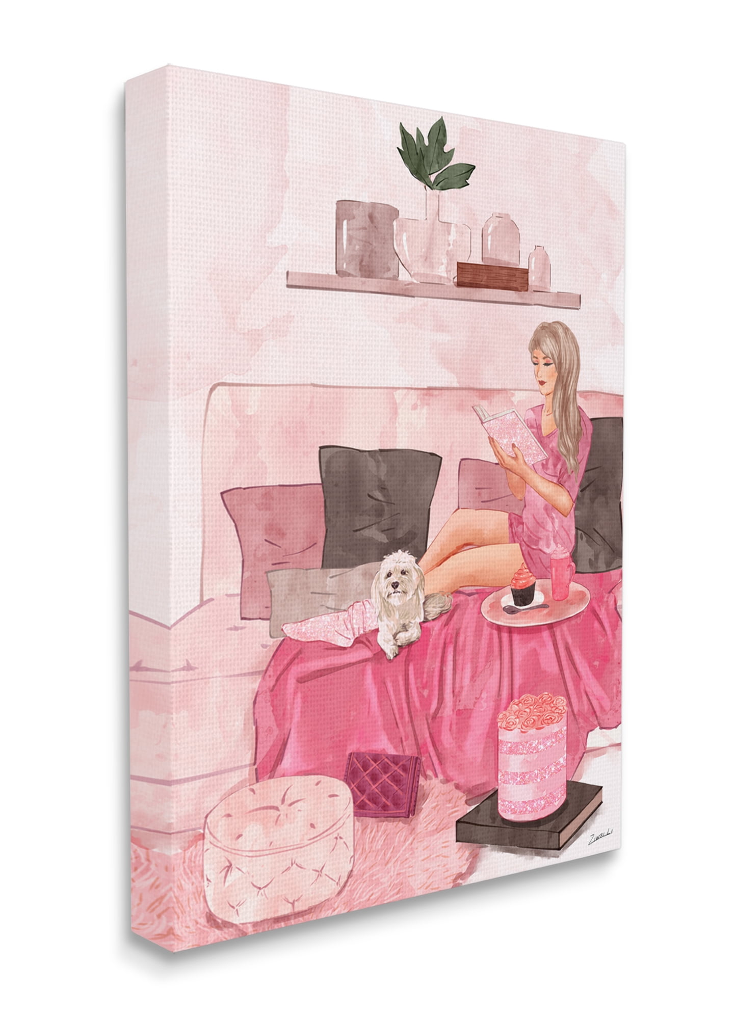 Stupell Industries Fashionista Reading with Dog Pink Room Interior Canvas Wall Art, 30 x 40, Design by Ziwei Li