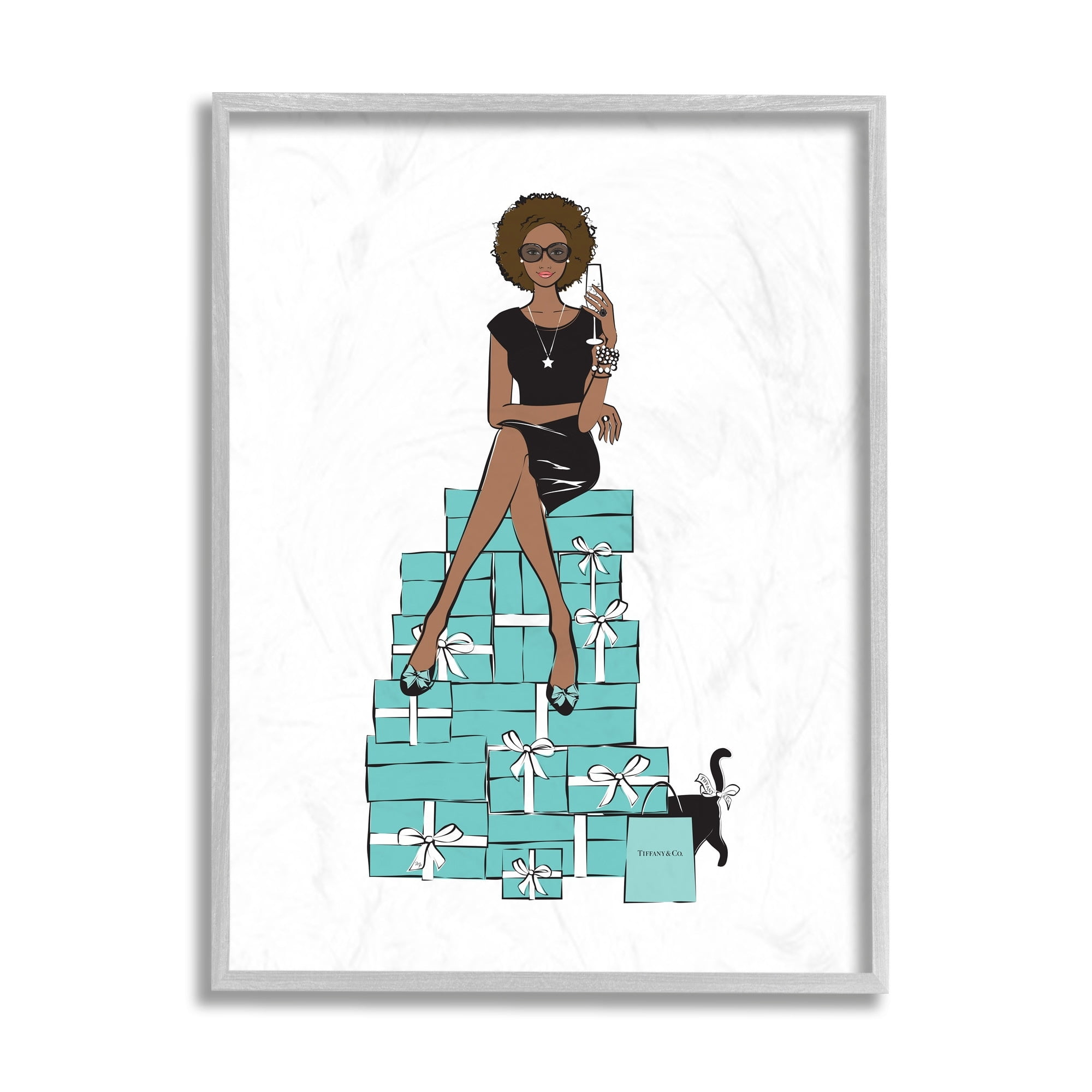 Stupell Industries Fashionista on Gift Box Stack Designer Glam Beauty & Fashion Painting Gray Framed Art Print Wall Art, 11 x 14