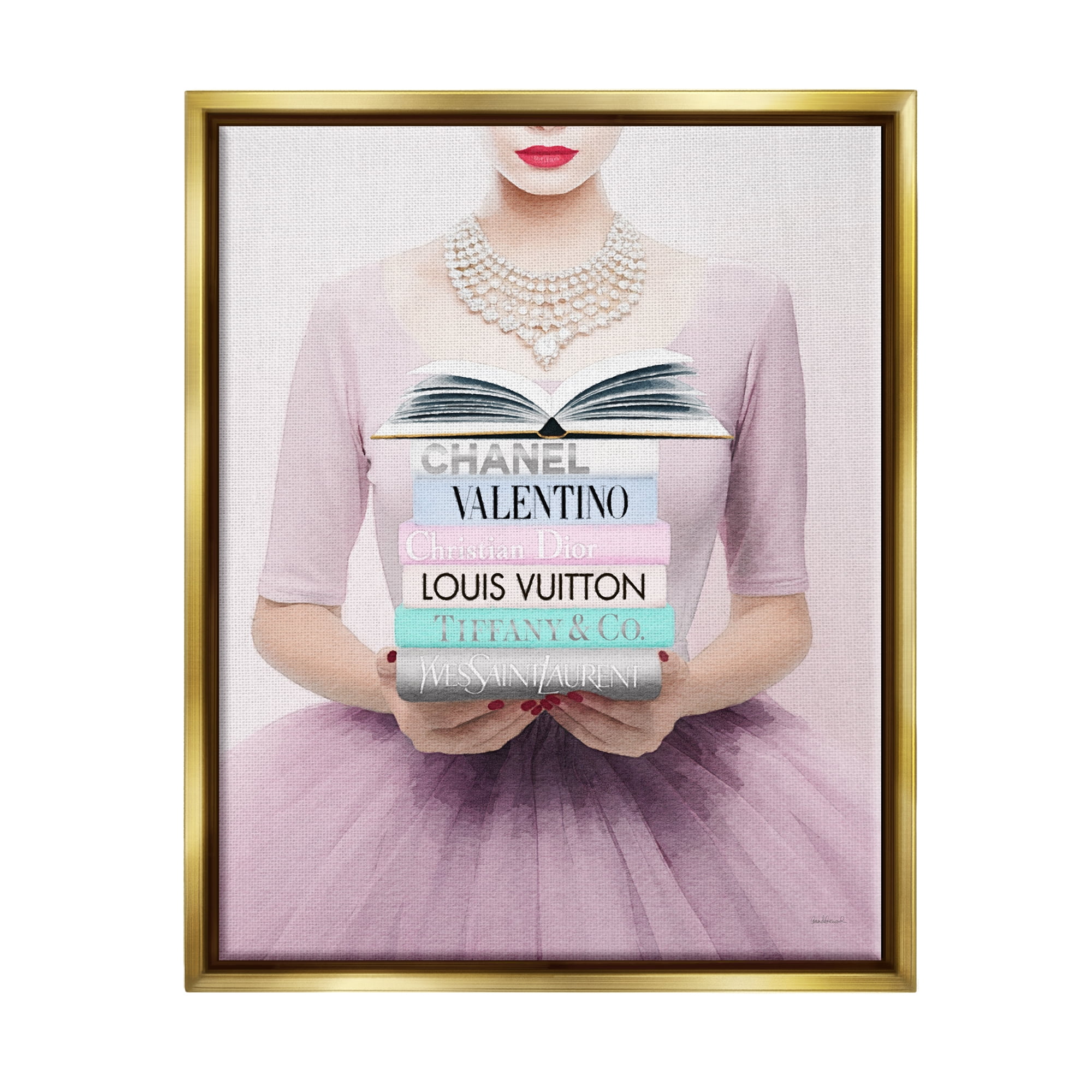 Stupell Industries Fashionista with Books Beauty & Fashion Painting Gold Floater Framed Canvas Art Print Wall Art, 17 x 21