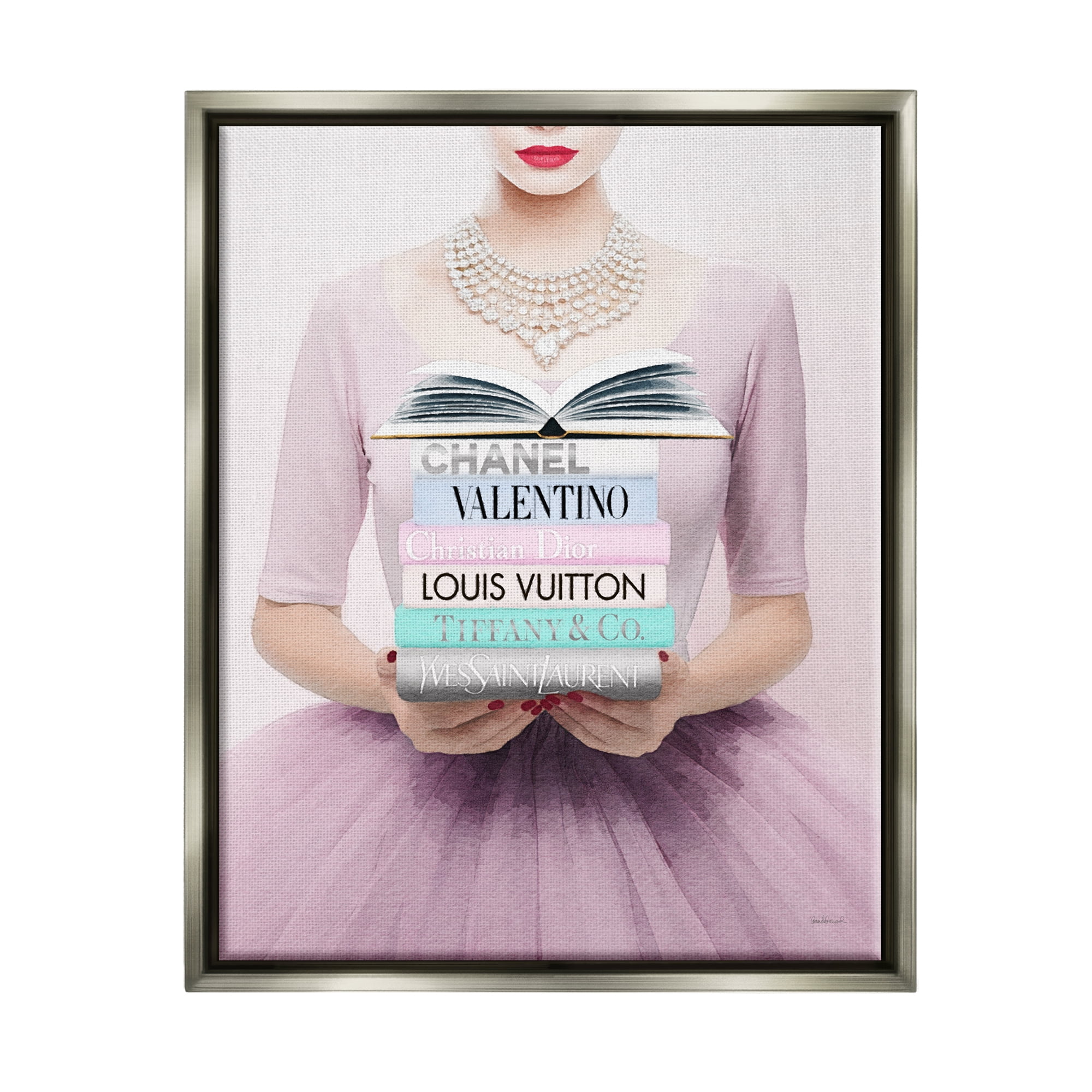 Stupell Industries Fashionista with Books Beauty & Fashion Painting Gray Floater Framed Canvas Art Print Wall Art, 17 x 21