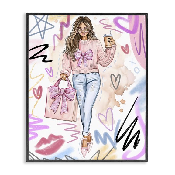 Stupell Industries Fashionista with Purse & Coffee Black Framed Giclee Art design by Jess Stempel, 20 x 16