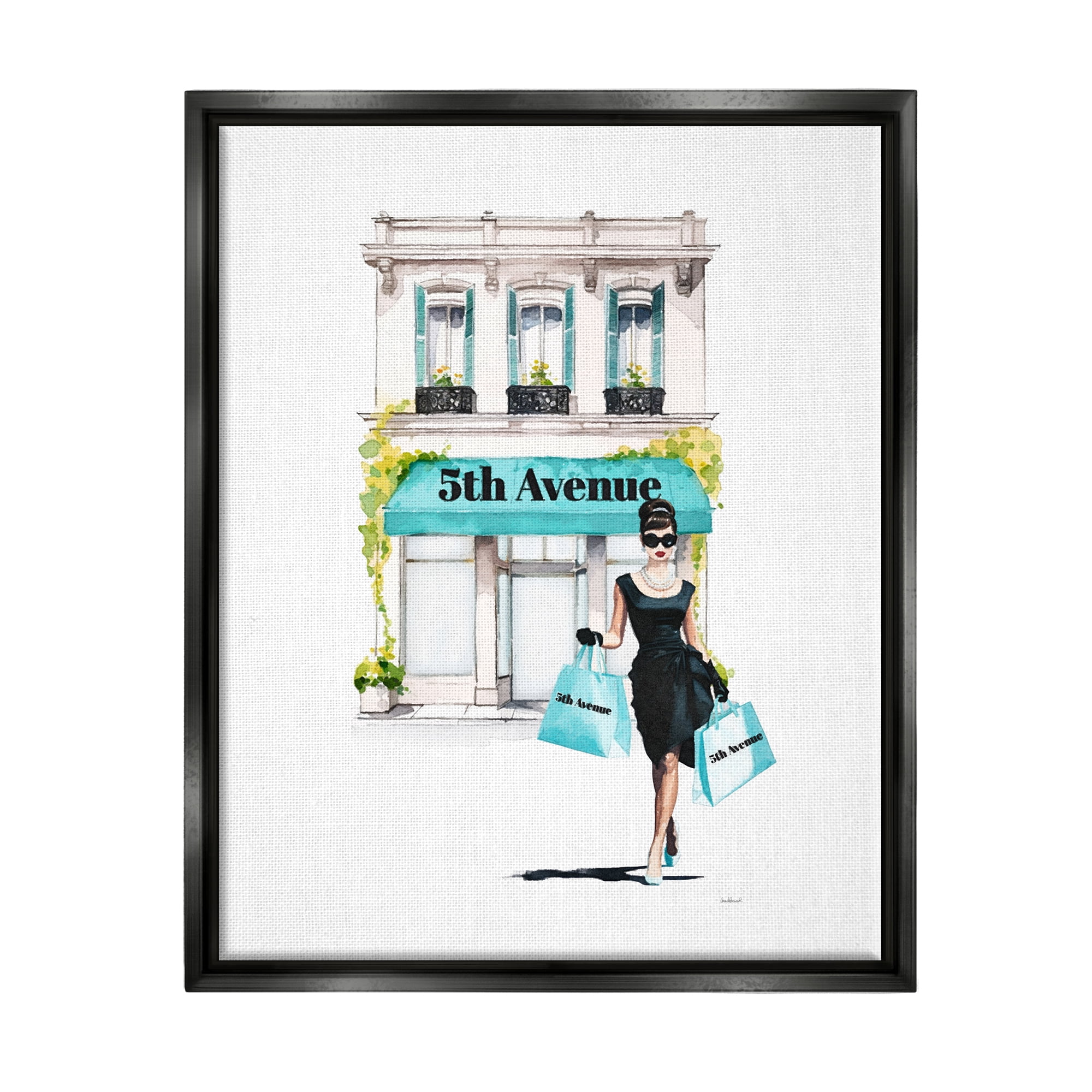Stupell Industries Fashionista with Shopping Bags Beauty & Fashion Painting Black Floater Framed Canvas Art Print Wall Art, 17 x 21