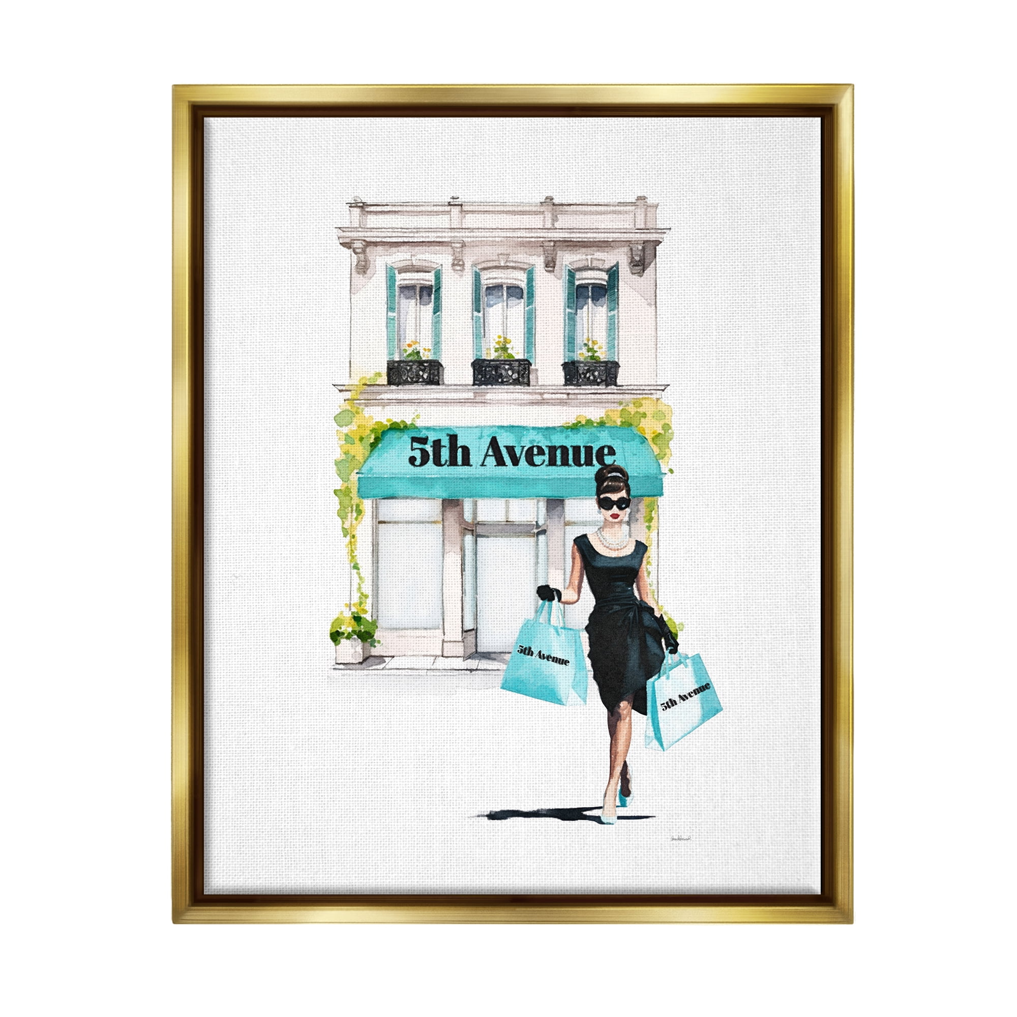 Stupell Industries Fashionista with Shopping Bags Beauty & Fashion Painting Gold Floater Framed Canvas Art Print Wall Art, 25 x 31