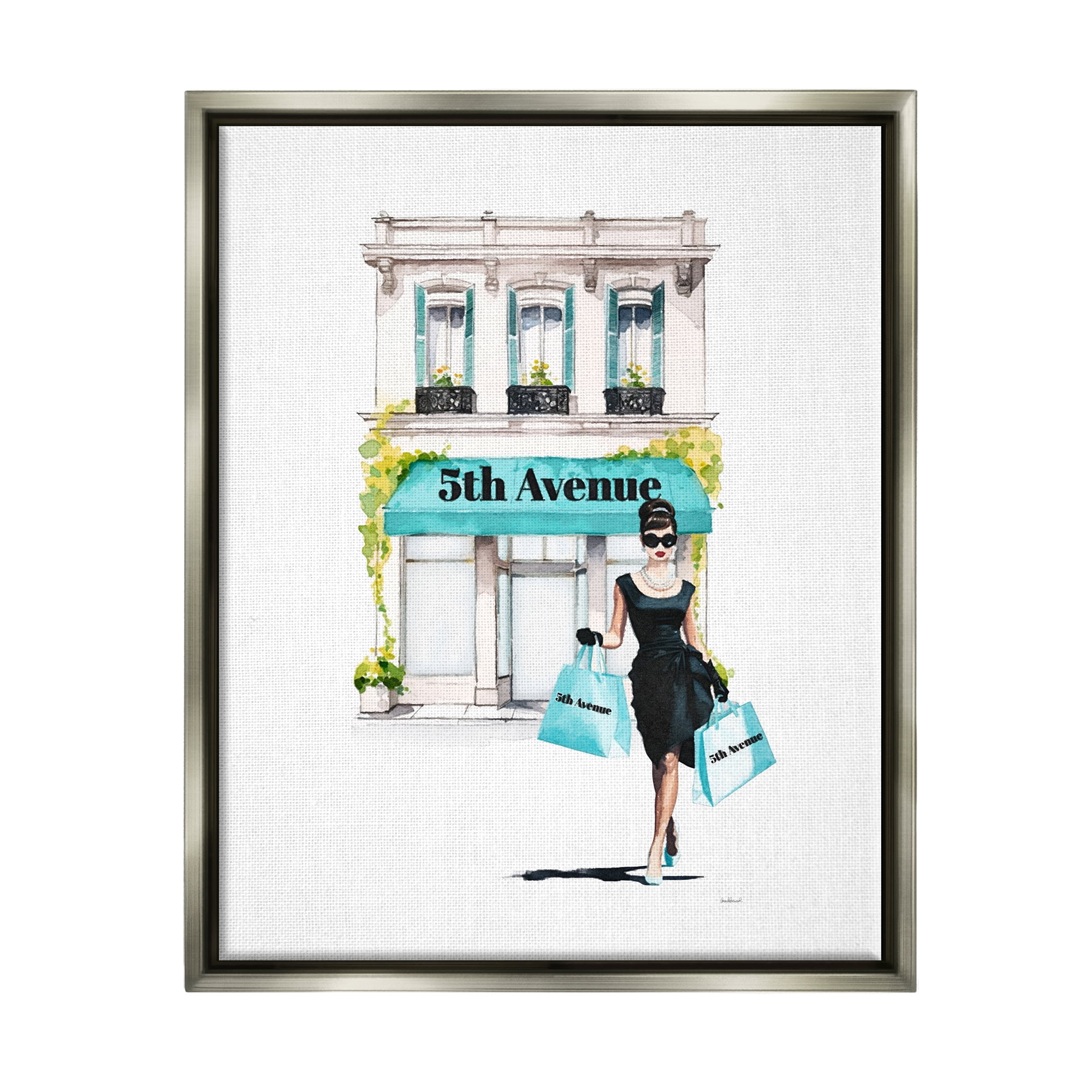 Stupell Industries Fashionista with Shopping Bags Beauty & Fashion Painting Gray Floater Framed Canvas Art Print Wall Art, 25 x 31
