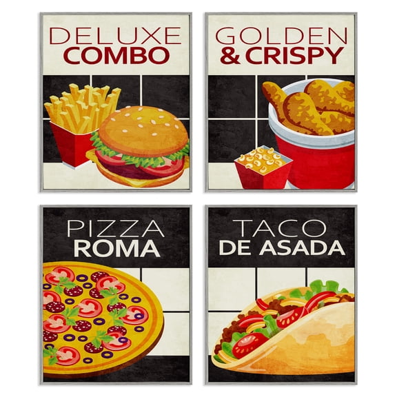 Stupell Industries Fast Food American Cuisine Food & Beverage Painting Gray Framed Art Print Wall Art, 16 x 20, Set of 4