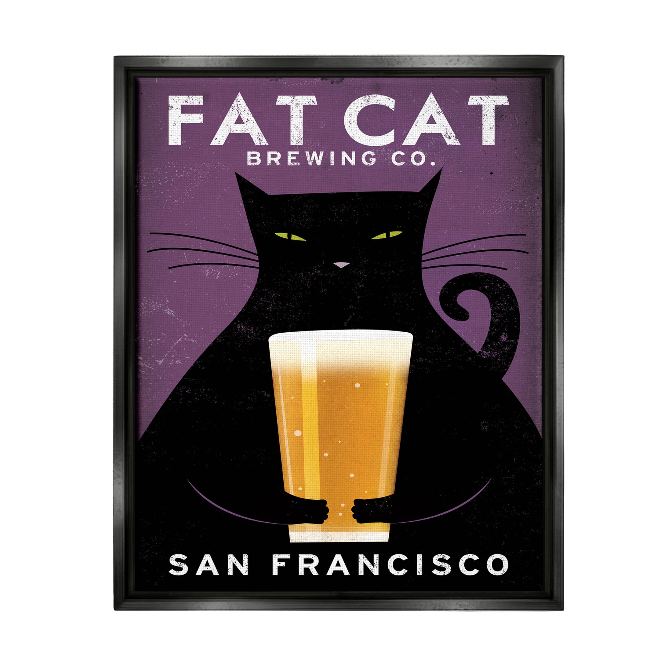 Stupell Industries Fat Cat Brewing Vintage Typography Graphic Art Jet Black Floating Framed Canvas Print Wall Art, Design by Ryan Fowler