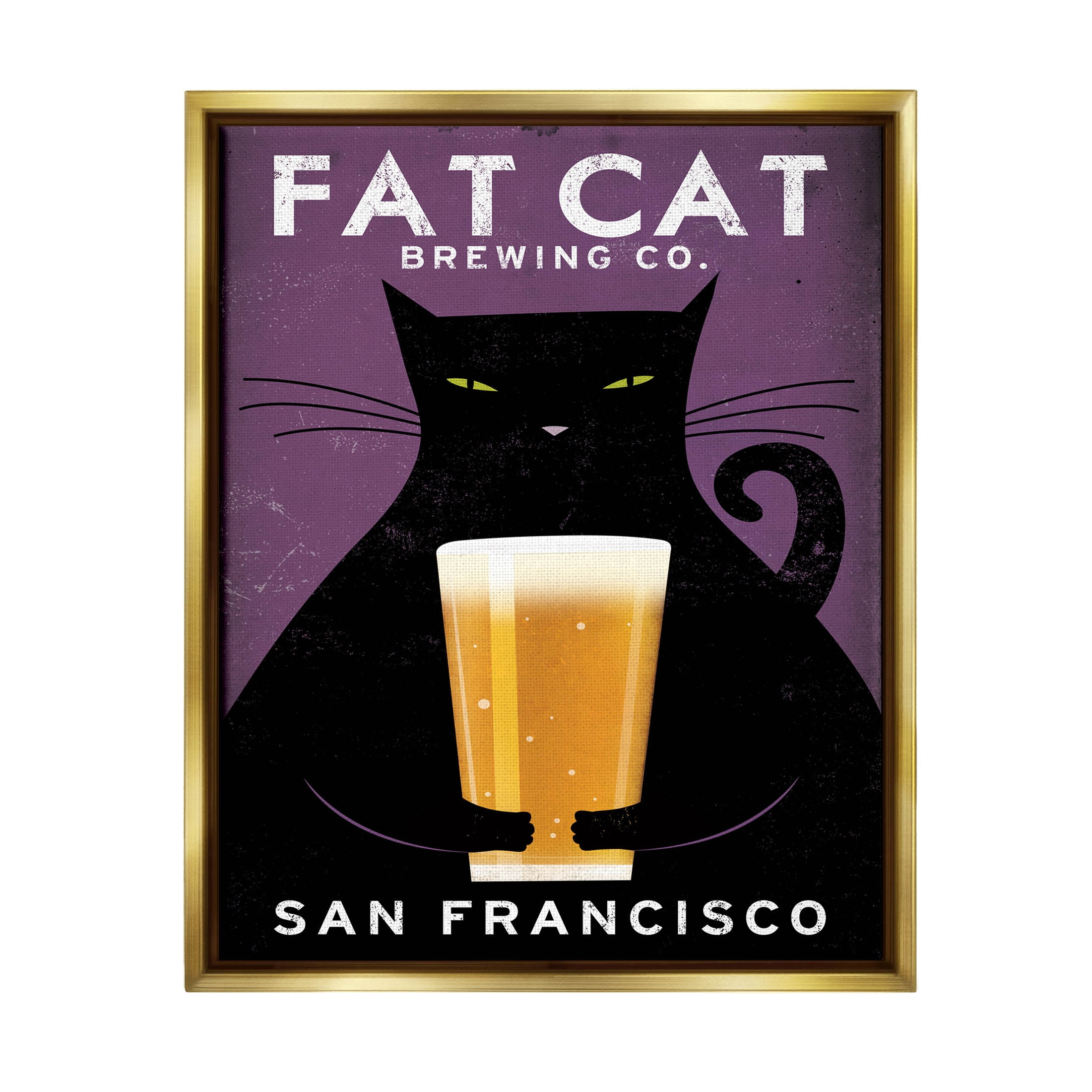 Stupell Industries Fat Cat Brewing Vintage Typography Graphic Art Metallic Gold Floating Framed Canvas Print Wall Art, Design by Ryan Fowler