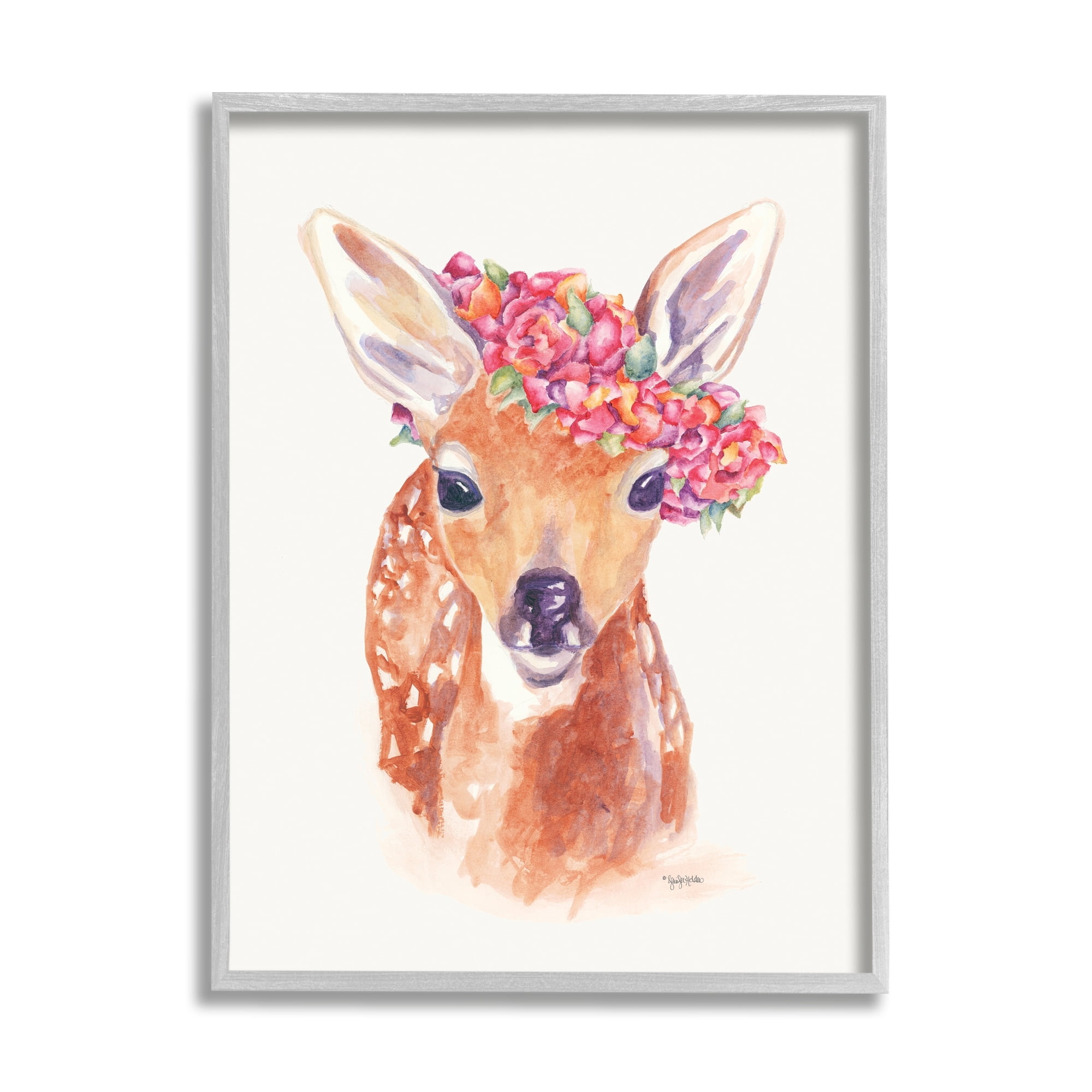 Faun Carrying Pink Wildflower Crown Deer Portrait Animals & Insects Painting Framed Art Print Wall Art