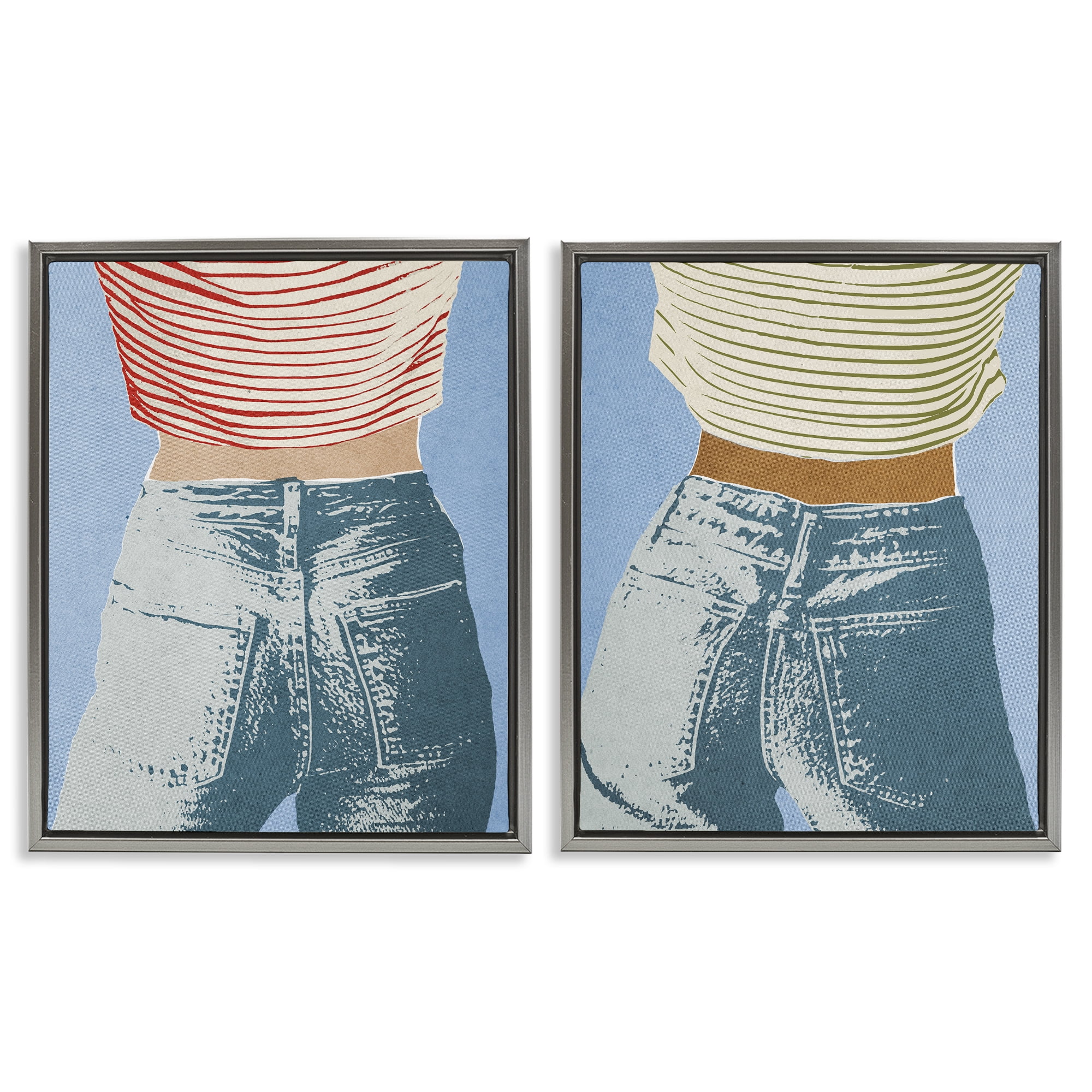 Stupell Industries Favorite Jeans with Striped Shirt 2 Piece Gray Framed Floater Canvas Set, design by Victoria Barnes