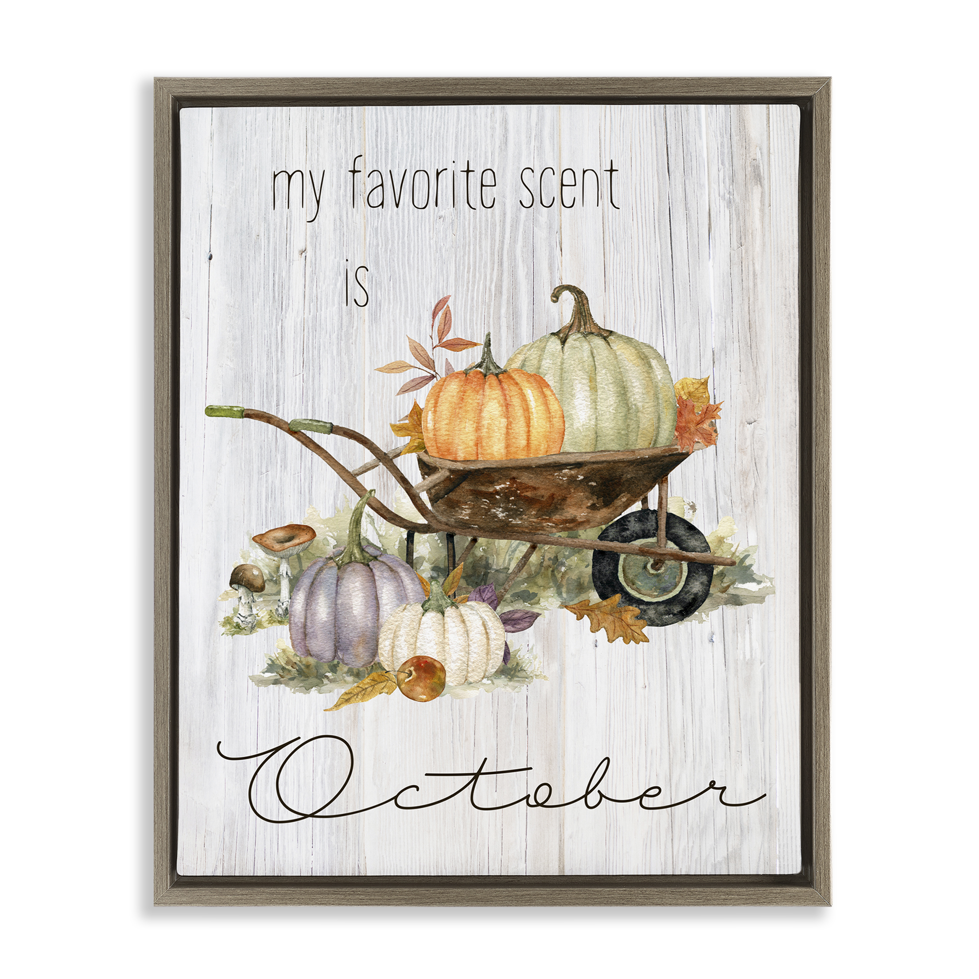 Stupell Industries Favorite Scent is October Holiday Painting Brown Floater Framed Canvas Art Prints Wall Art, 25 x 31