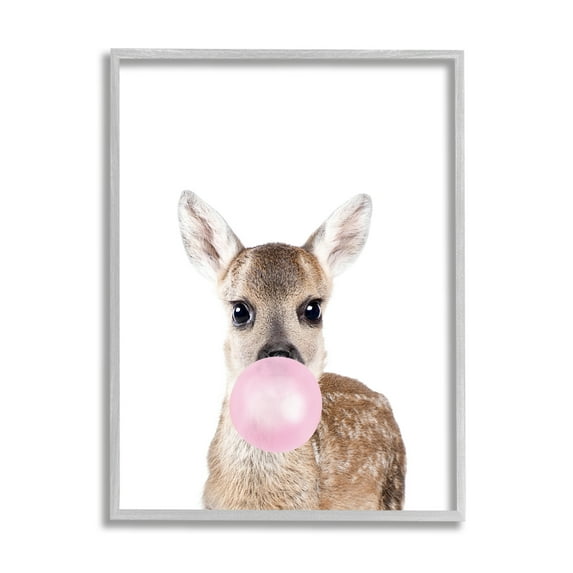 Stupell Industries Fawn Blowing Bubblegum Animals & Insects Painting Gray Framed Art Print Wall Art, 11 x 14