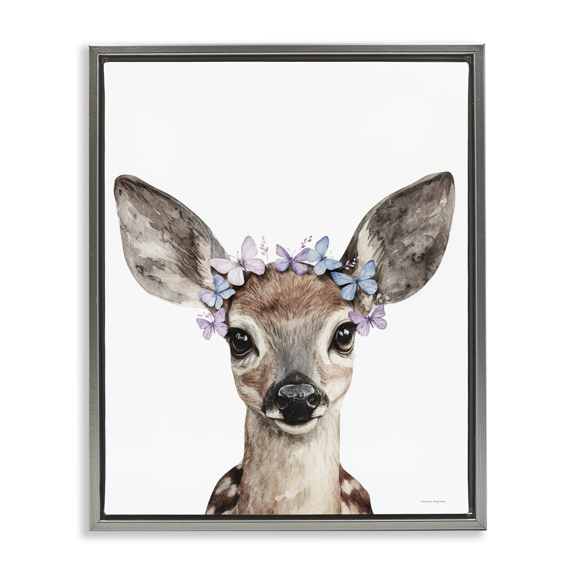 Stupell Industries Fawn & Butterfly Wings Gray Framed Floater Canvas Wall Art, design by Svetlana Aleynikova
