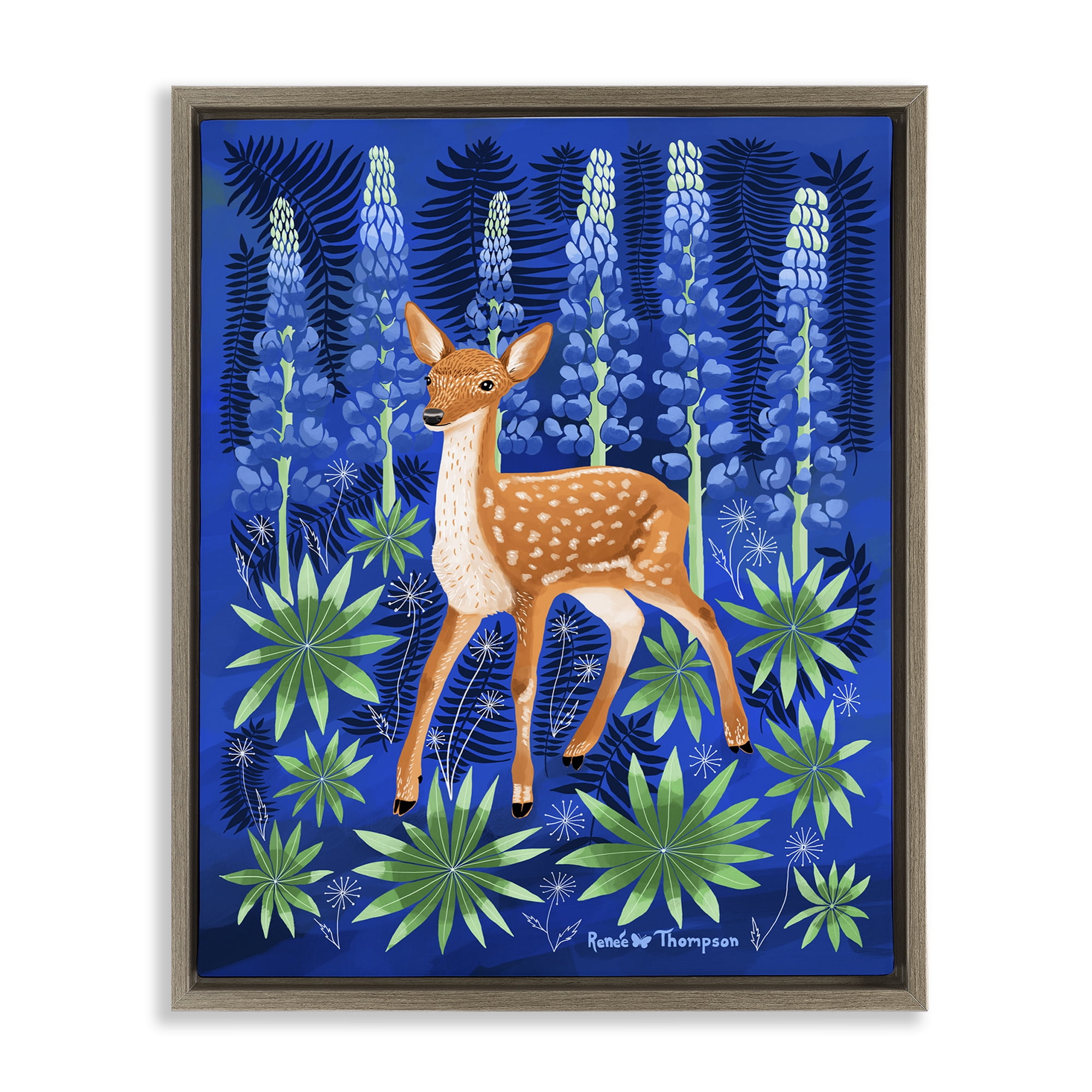 Stupell Industries Fawn & Lupine Flowers Animals Painting Brown Floater Framed Canvas Art Print Wall Art, 17 x 21