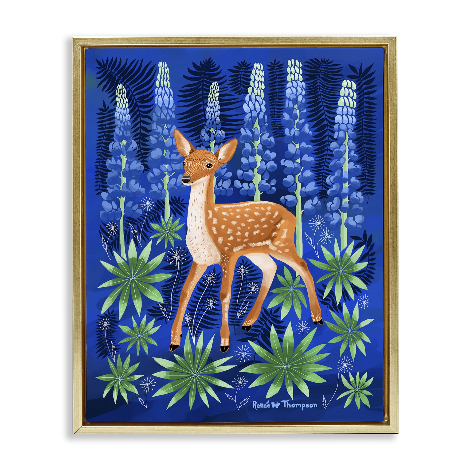Stupell Industries Fawn & Lupine Flowers Animals Painting Gold Floater Framed Canvas Art Print Wall Art, 25 x 31