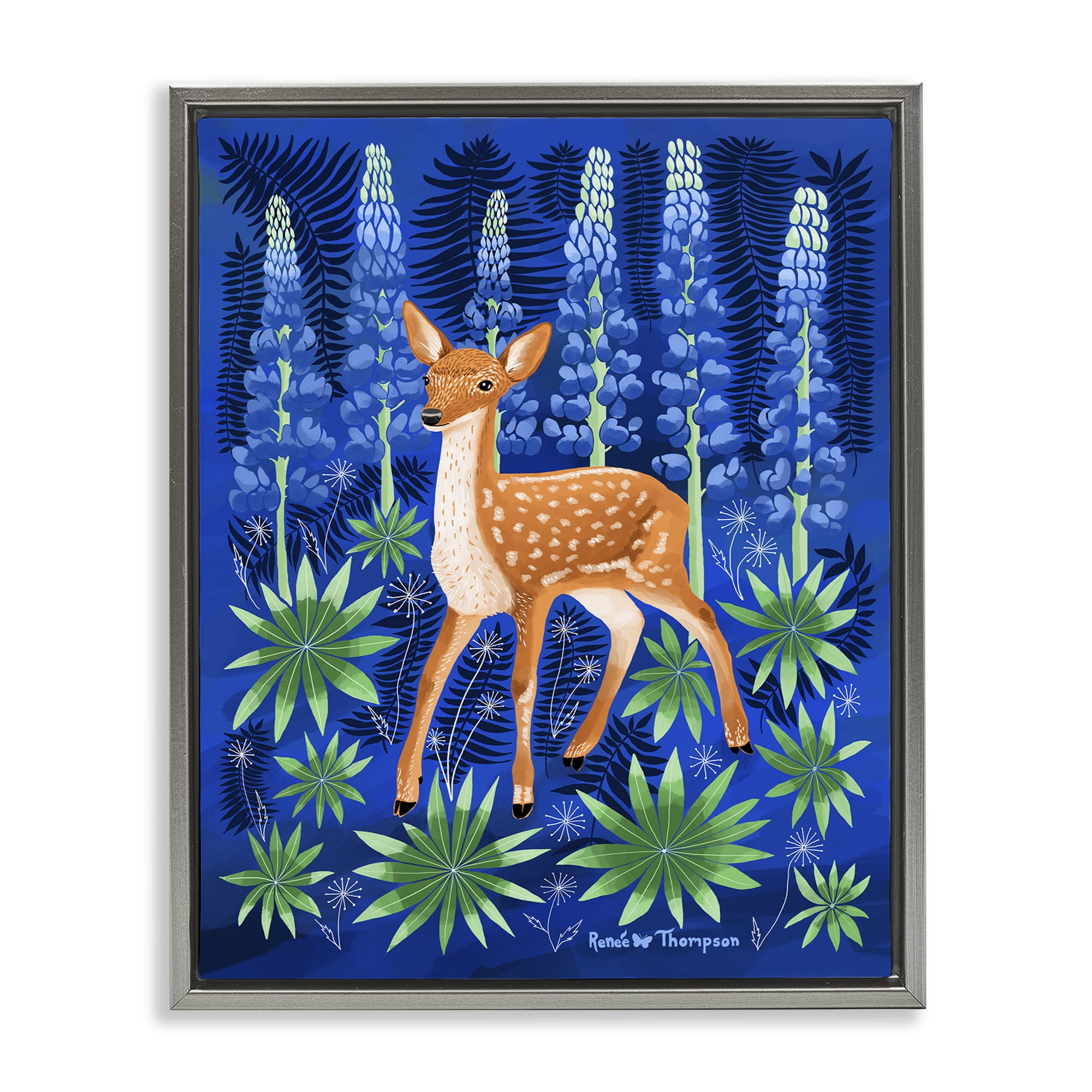 Stupell Industries Fawn & Lupine Flowers Animals Painting Gray Floater Framed Canvas Art Print Wall Art, 17 x 21