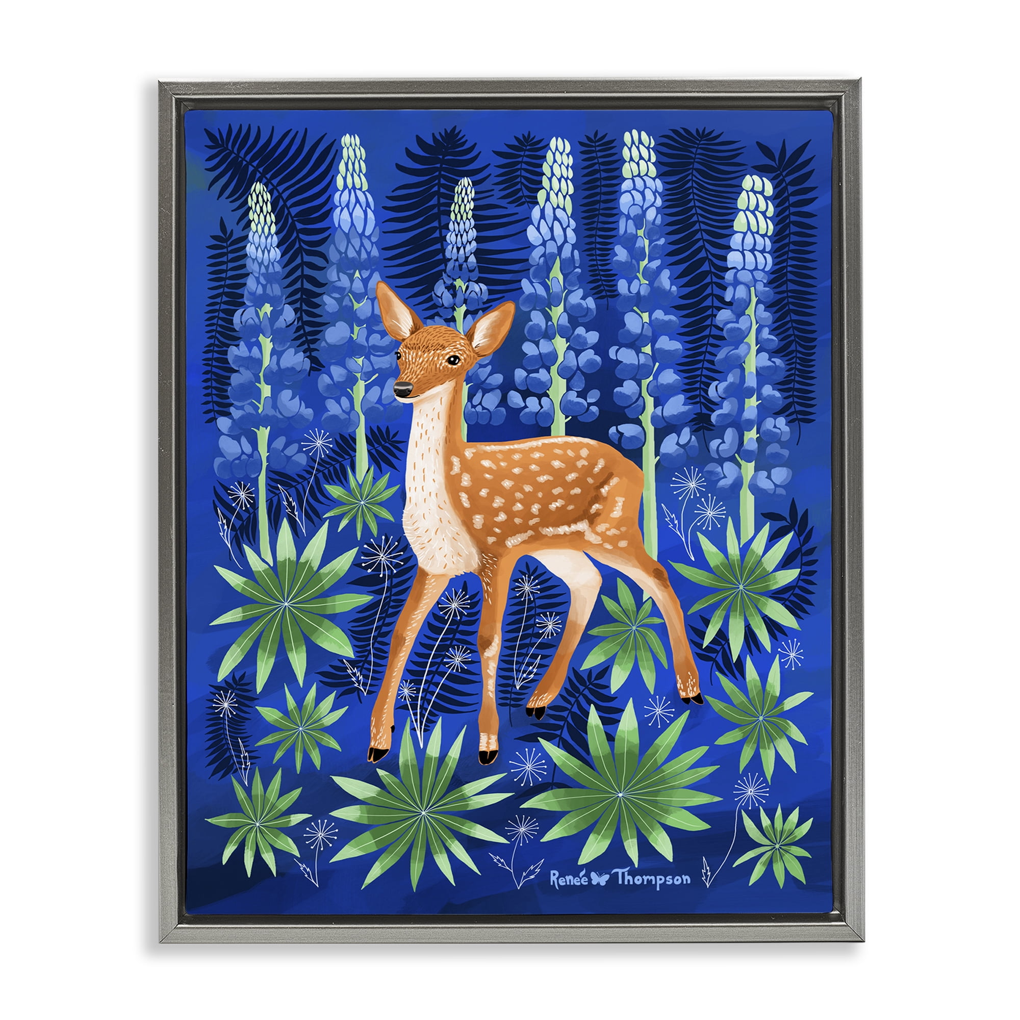 Stupell Industries Fawn & Lupine Flowers Animals Painting Gray Floater Framed Canvas Art Print Wall Art, 25 x 31