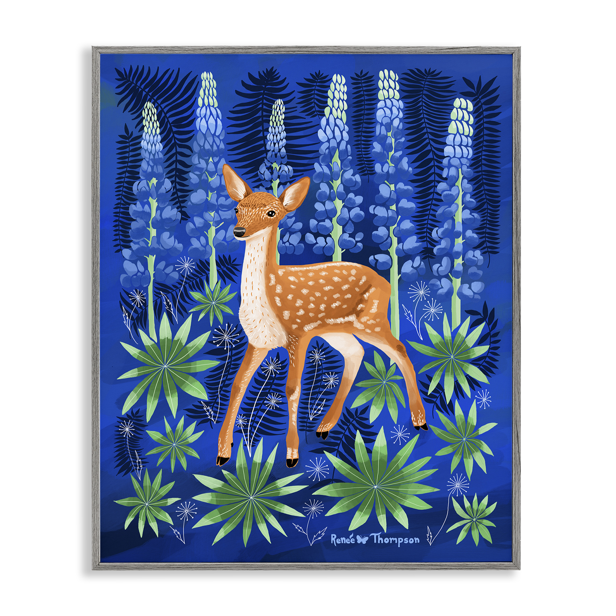 Stupell Industries Fawn & Lupine Flowers Animals Painting Gray Framed Art Print Wall Art, 16 x 20