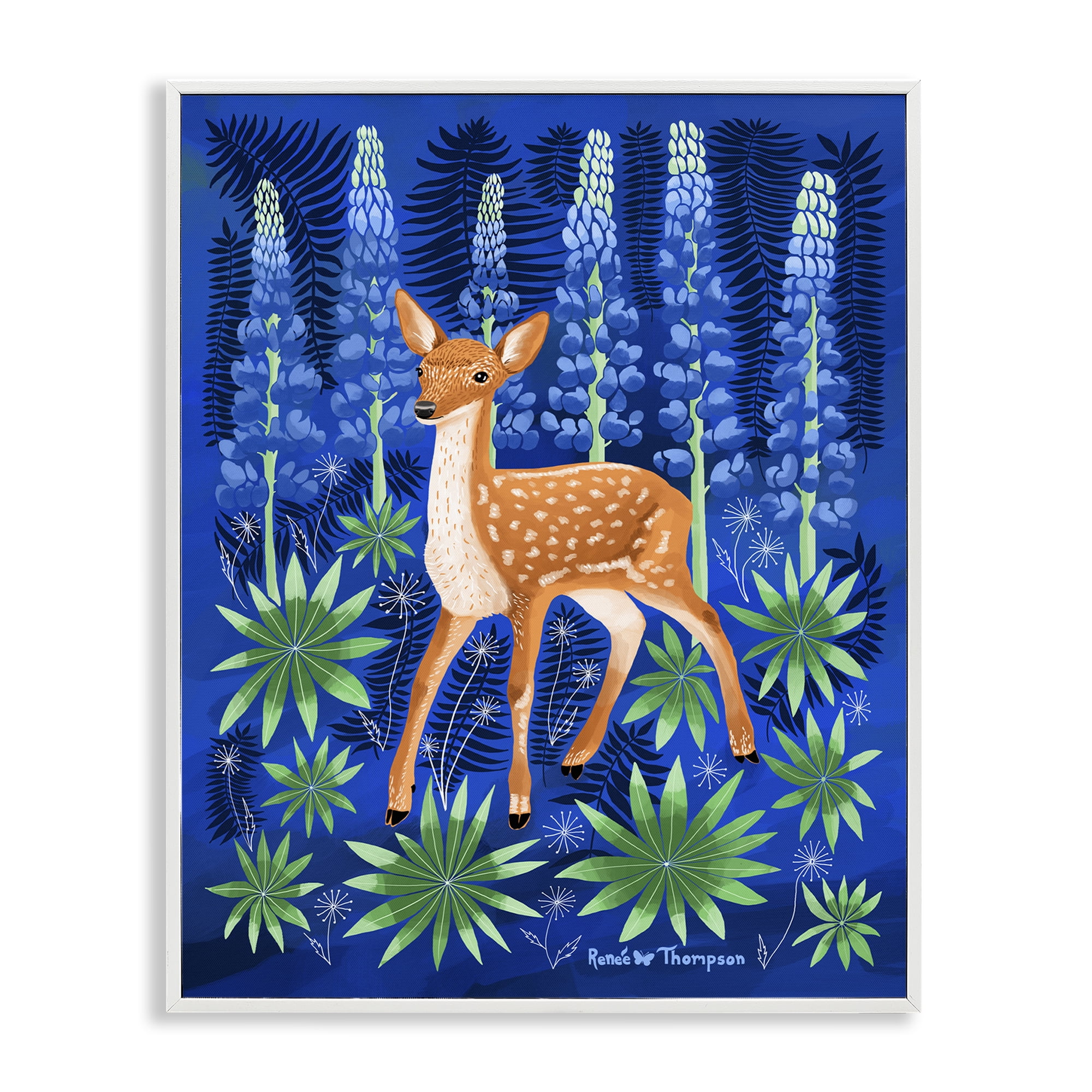 Stupell Industries Fawn & Lupine Flowers Animals Painting White Framed Art Print Wall Art, 16 x 20