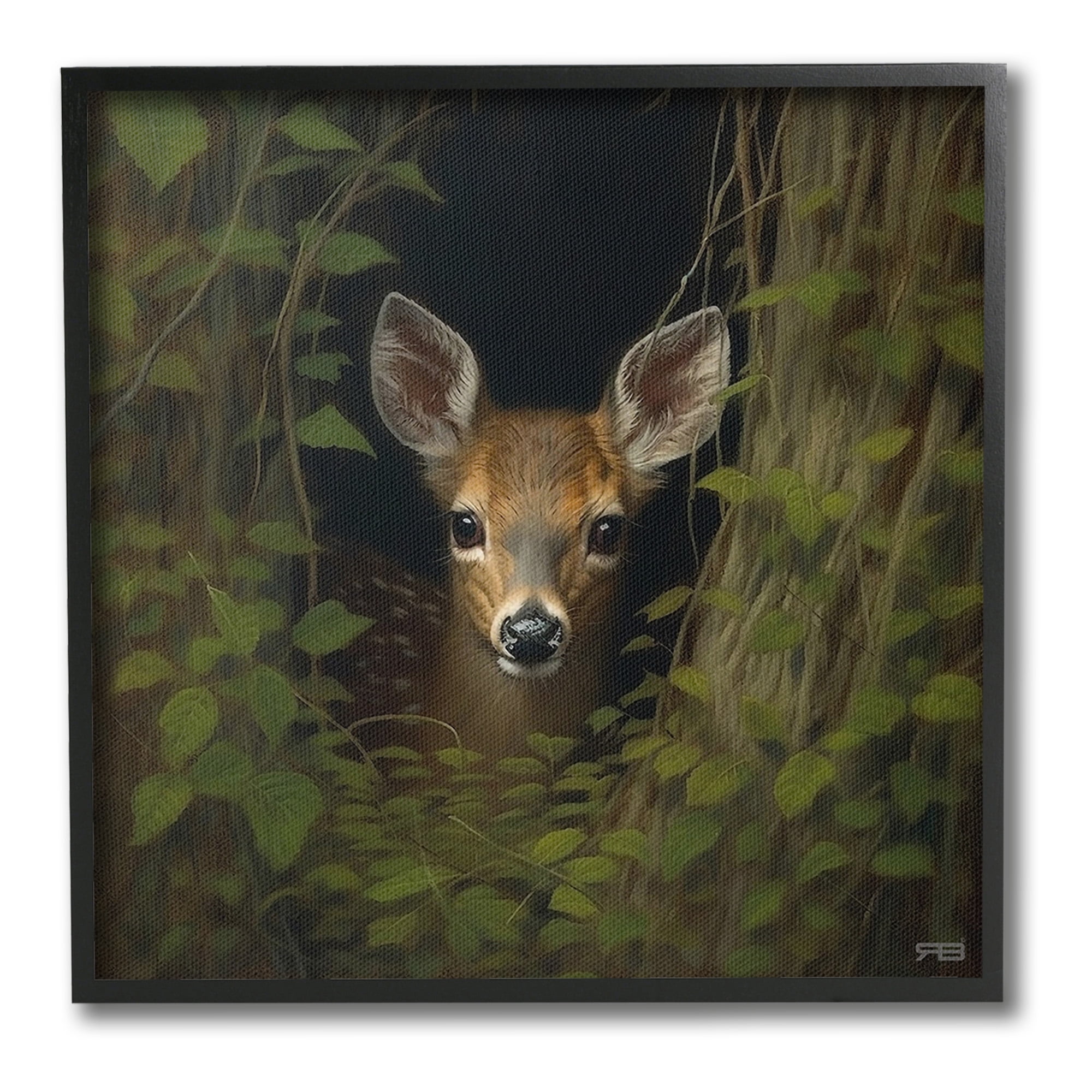 Stupell Industries Fawn Peeking from Trees Animals & Insects Painting Black Framed Art Print Wall Art, 17 x 17