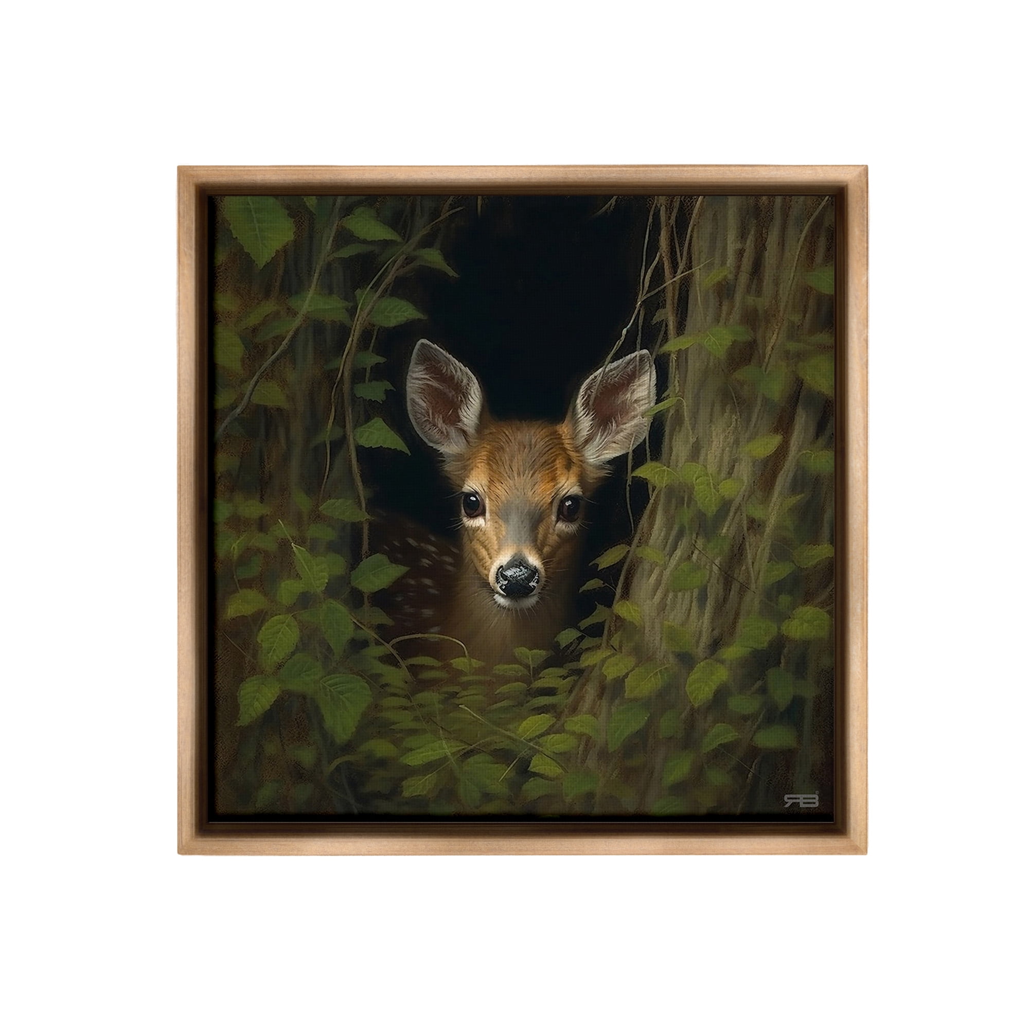 Stupell Industries Fawn Peeking from Trees Animals & Insects Painting Brown Floater Framed Canvas Art Print Wall Art, 25 x 25