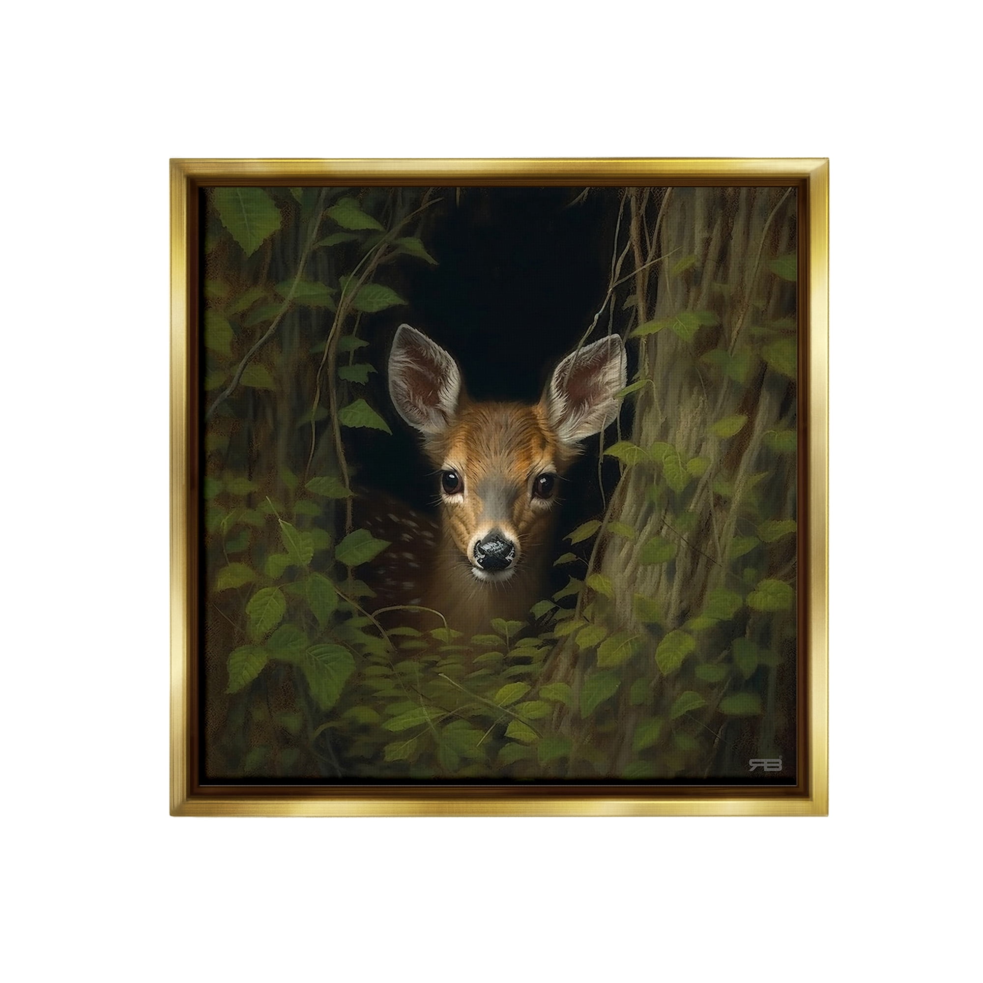 Stupell Industries Fawn Peeking from Trees Animals & Insects Painting Gold Floater Framed Canvas Art Print Wall Art, 18 x 18