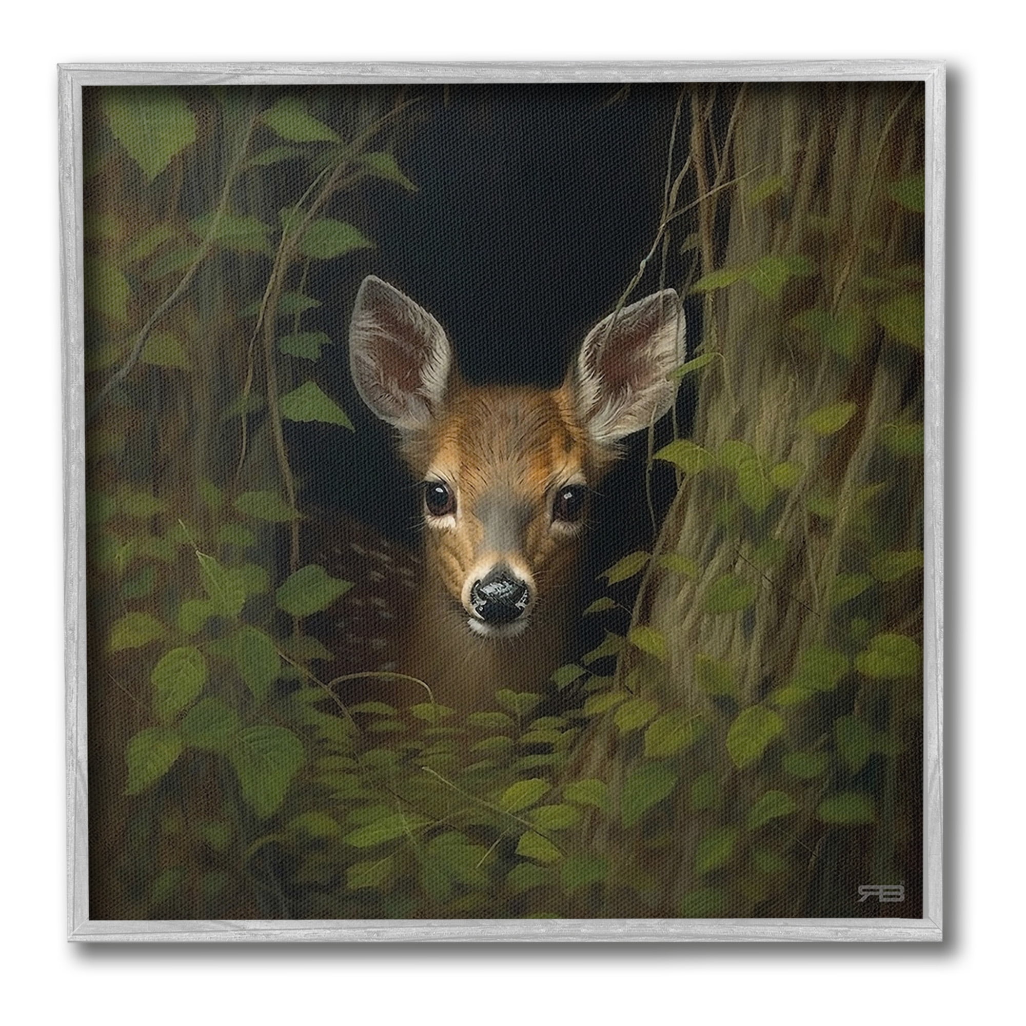 Stupell Industries Fawn Peeking from Trees Animals & Insects Painting Gray Framed Art Print Wall Art, 24 x 24