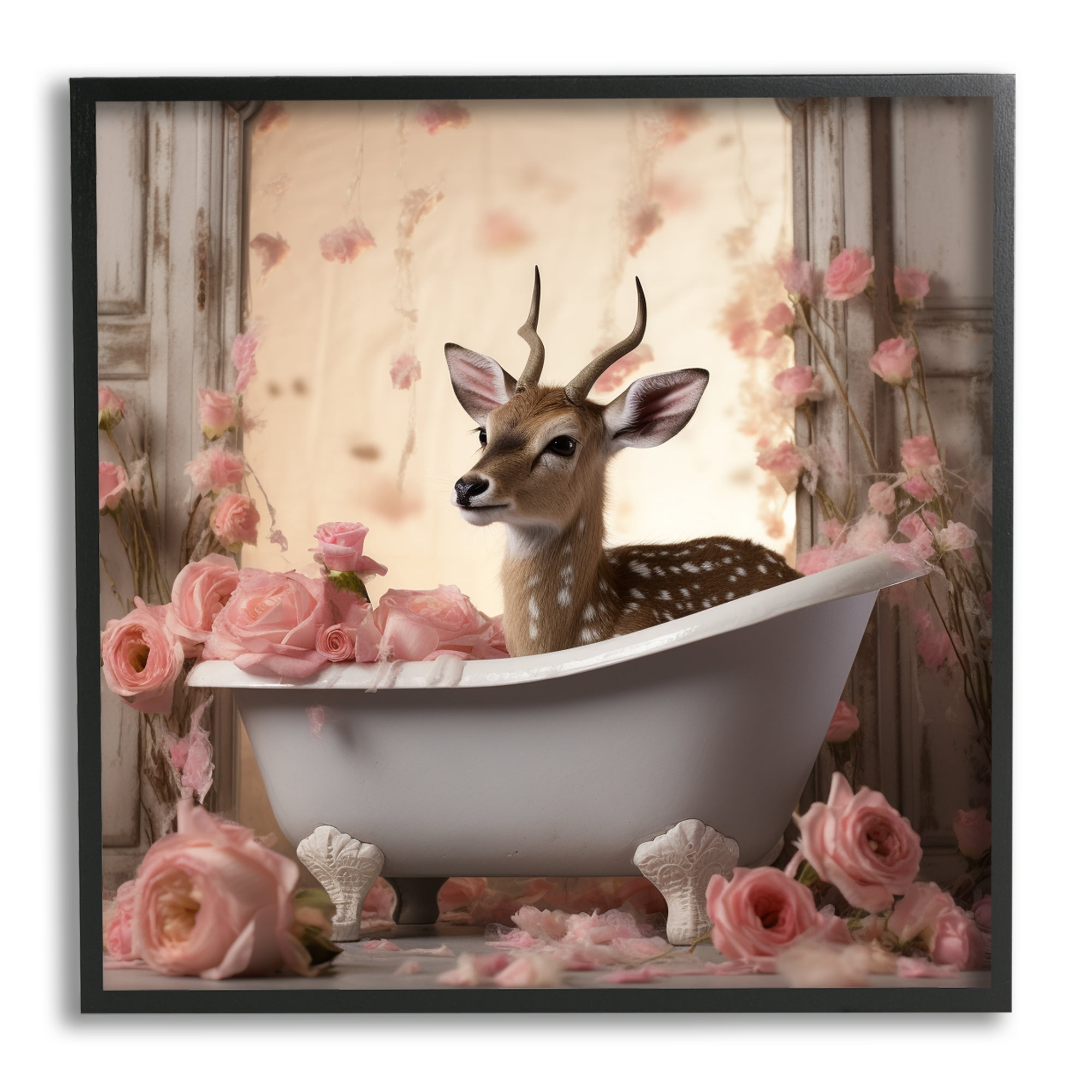 Stupell Industries Fawn in Rose Filled Tub Animals & Insects Painting Black Framed Art Print Wall Art, 17 x 17
