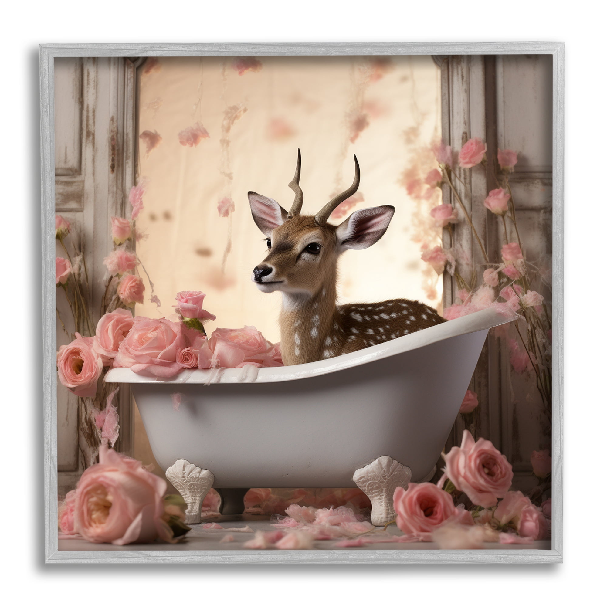 Stupell Industries Fawn in Rose Filled Tub Animals & Insects Painting Gray Framed Art Print Wall Art, 24 x 24