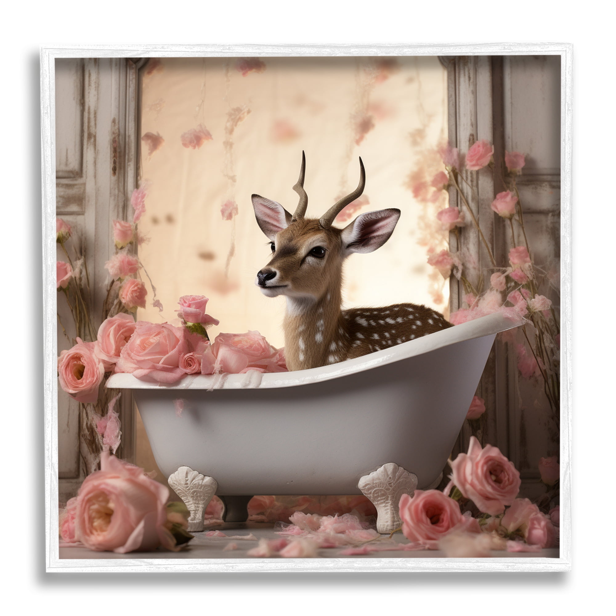 Stupell Industries Fawn in Rose Filled Tub Animals & Insects Painting White Framed Art Print Wall Art, 17 x 17