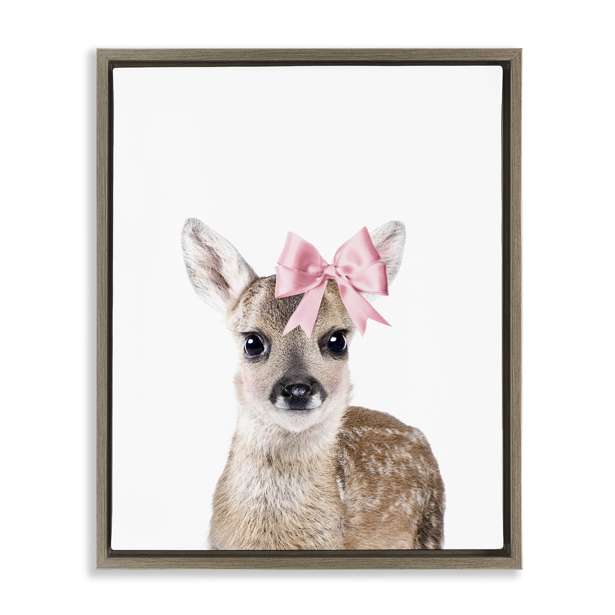 Stupell Industries Fawn with Pink Bow Animals Painting Brown Floater Framed Canvas Art Print Wall Art, 17 x 21
