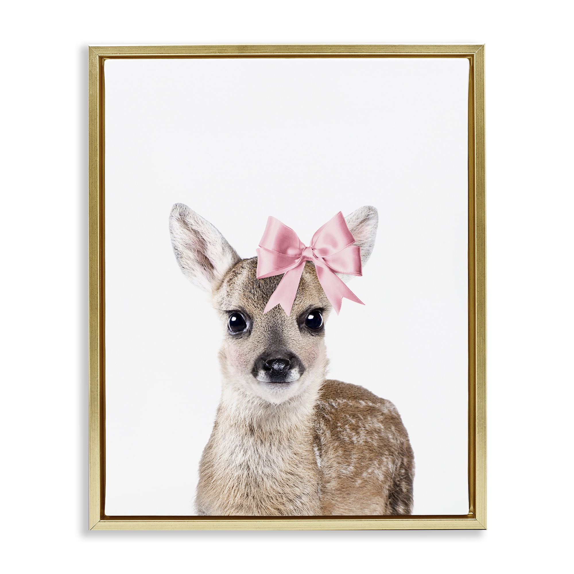 Stupell Industries Fawn with Pink Bow Animals Painting Gold Floater Framed Canvas Art Print Wall Art, 17 x 21