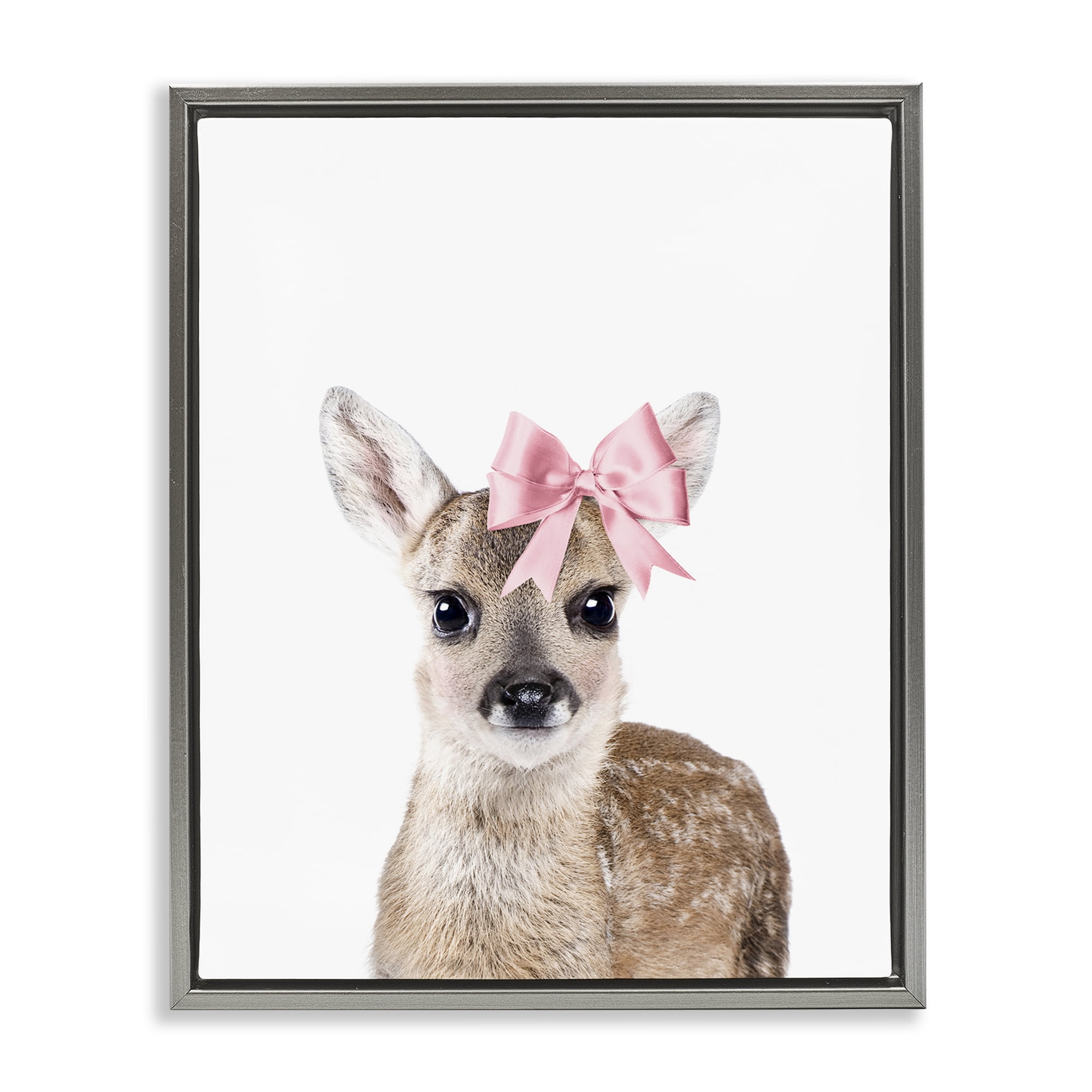 Stupell Industries Fawn with Pink Bow Animals Painting Gray Floater Framed Canvas Art Print Wall Art, 25 x 31