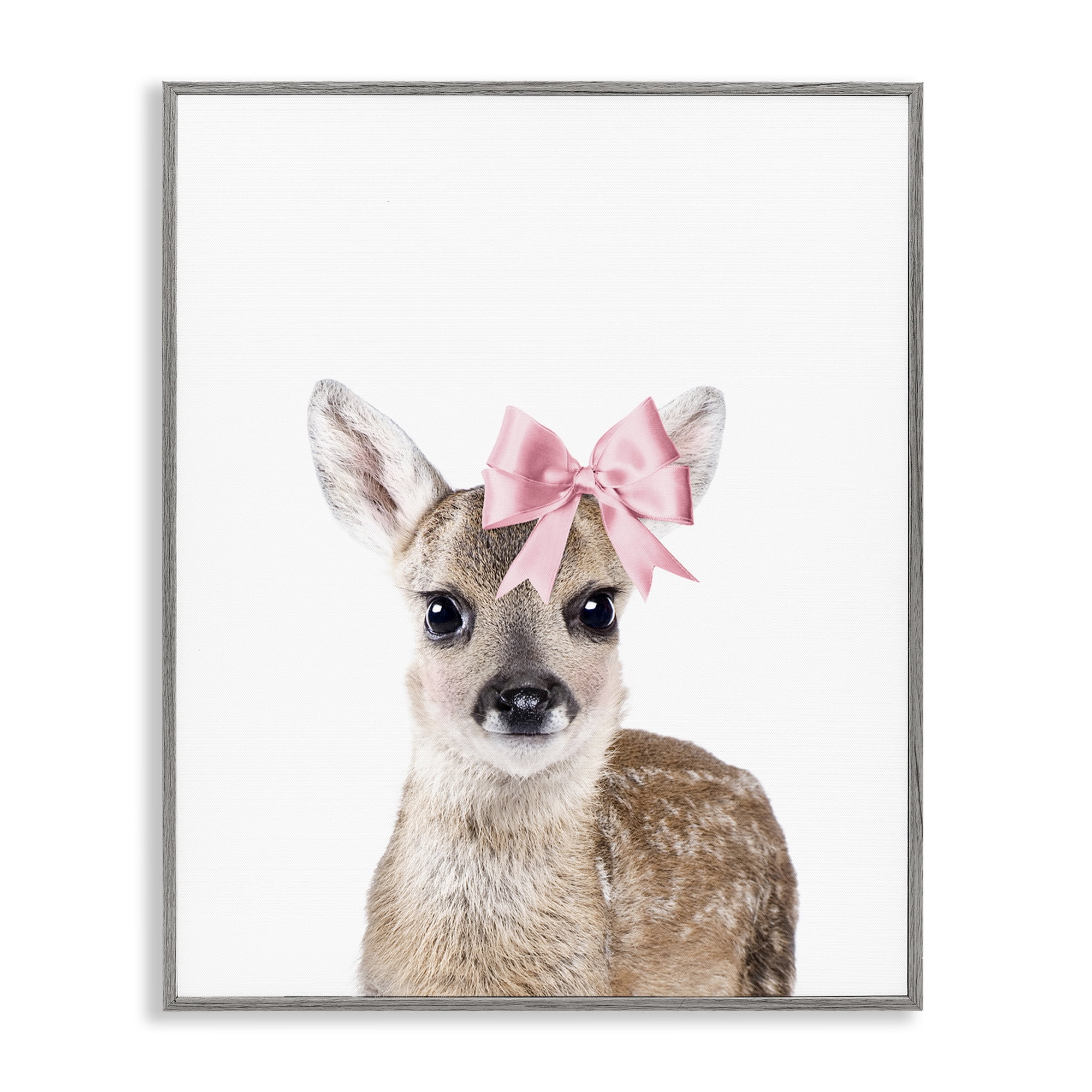 Stupell Industries Fawn with Pink Bow Animals Painting Gray Framed Art Print Wall Art, 16 x 20