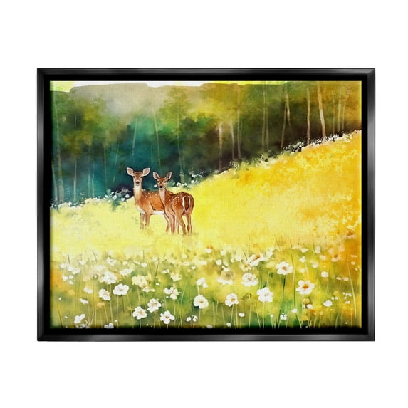 Stupell Industries Fawns in Meadow Watercolor Animals & Insects Painting Black Floater Framed Canvas Art Print Wall Art, 31 x 25