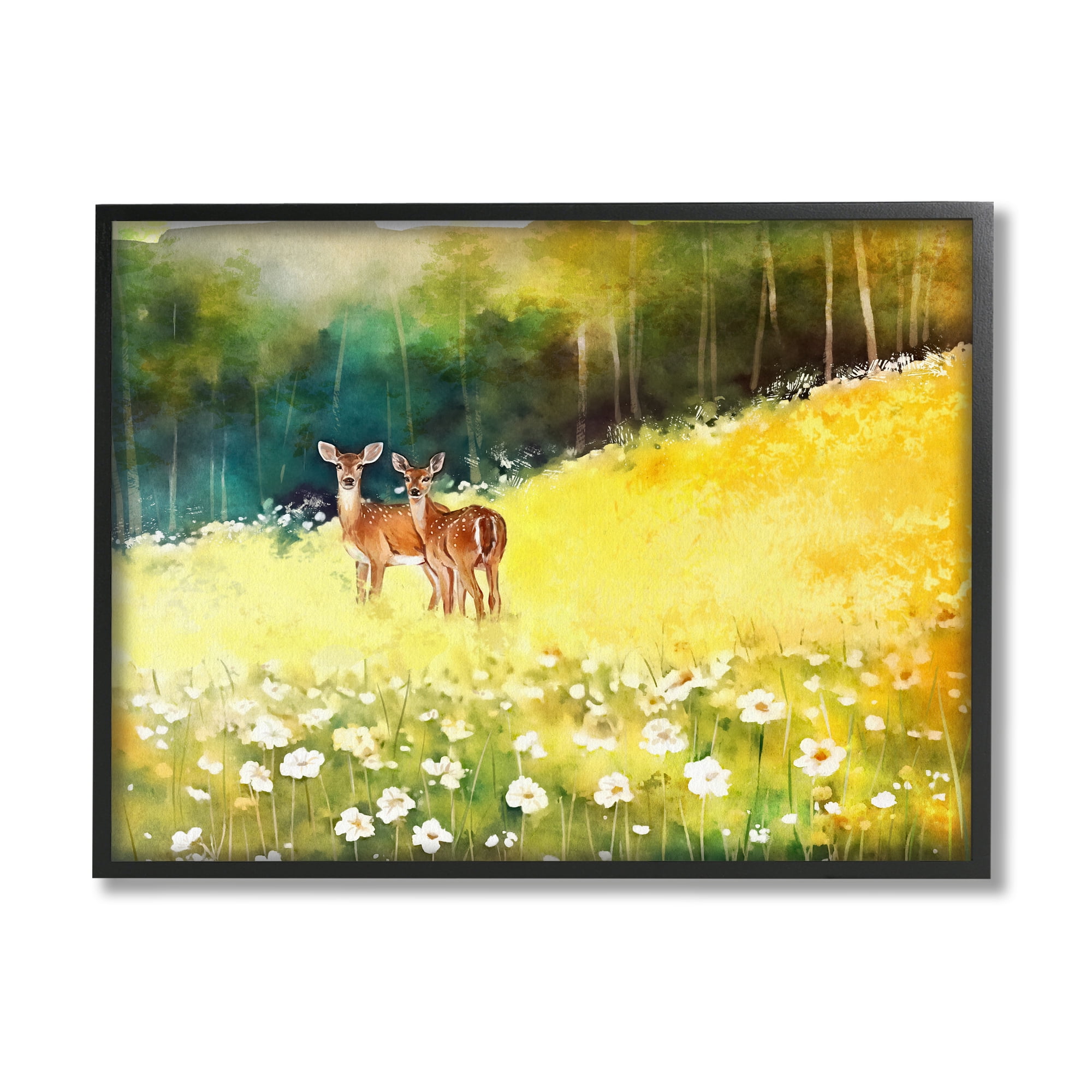 Stupell Industries Fawns in Meadow Watercolor Animals & Insects Painting Black Framed Art Print Wall Art, 14 x 11