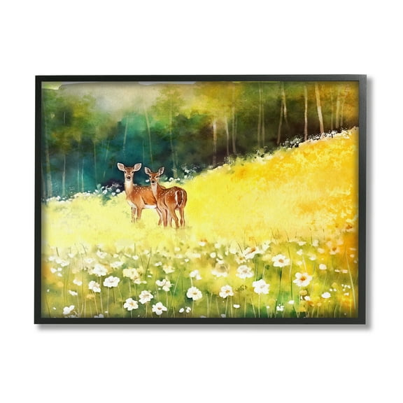 Stupell Industries Fawns in Meadow Watercolor Animals & Insects Painting Black Framed Art Print Wall Art, 14 x 11