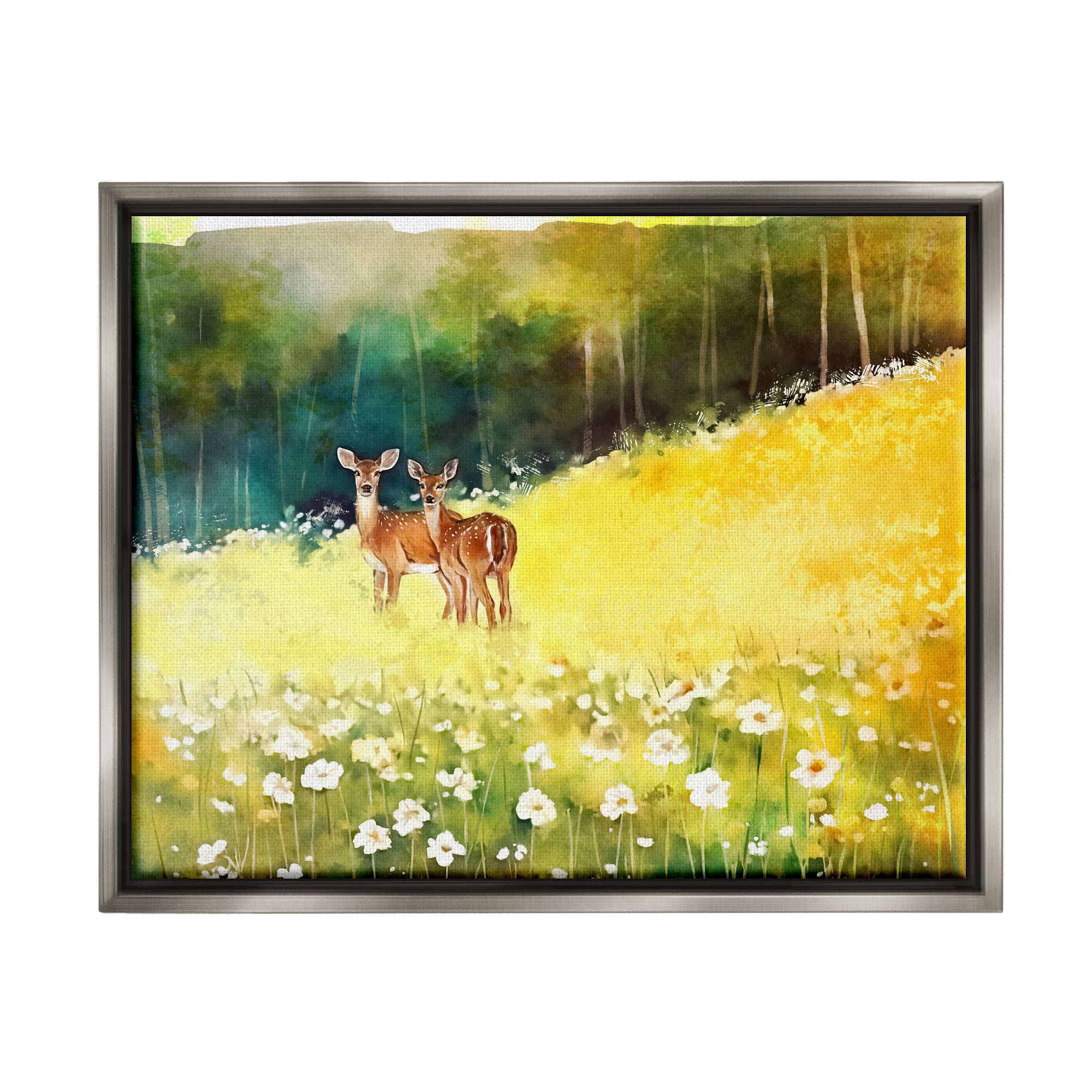Stupell Industries Fawns in Meadow Watercolor Animals & Insects Painting Gray Floater Framed Canvas Art Print Wall Art, 31 x 25